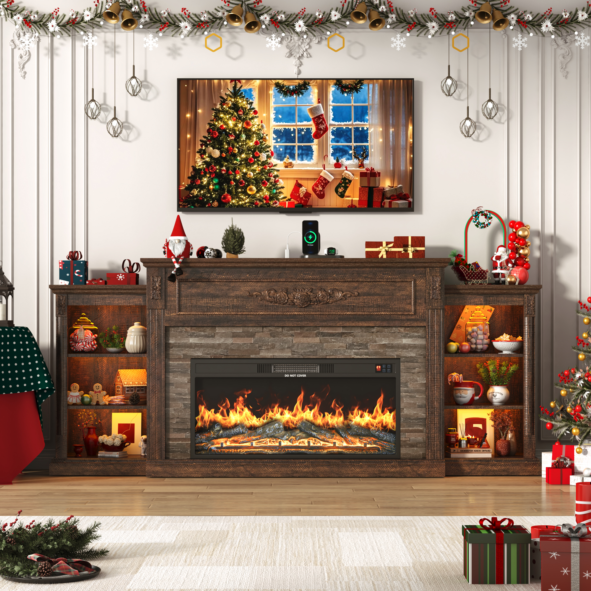 ANPOO 85" Electric Fireplace with Mantel, Fireplace TV Stand with 36" Fireplace for TVs Up to 95 Inch, 37.6" Tall Farmhouse Entertainment Center with LED Lights & Charging Station, Carved Decoration