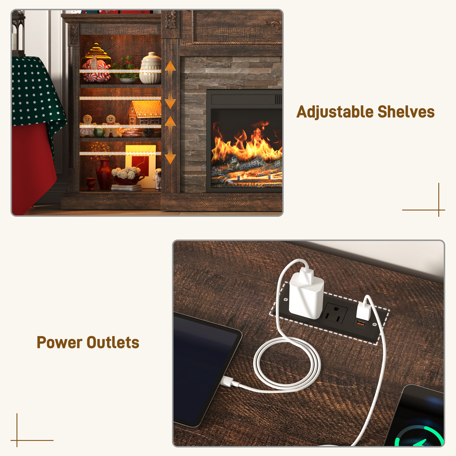 ANPOO 85" Electric Fireplace with Mantel, Fireplace TV Stand with 36" Fireplace for TVs Up to 95 Inch, 37.6" Tall Farmhouse Entertainment Center with LED Lights & Charging Station, Carved Decoration