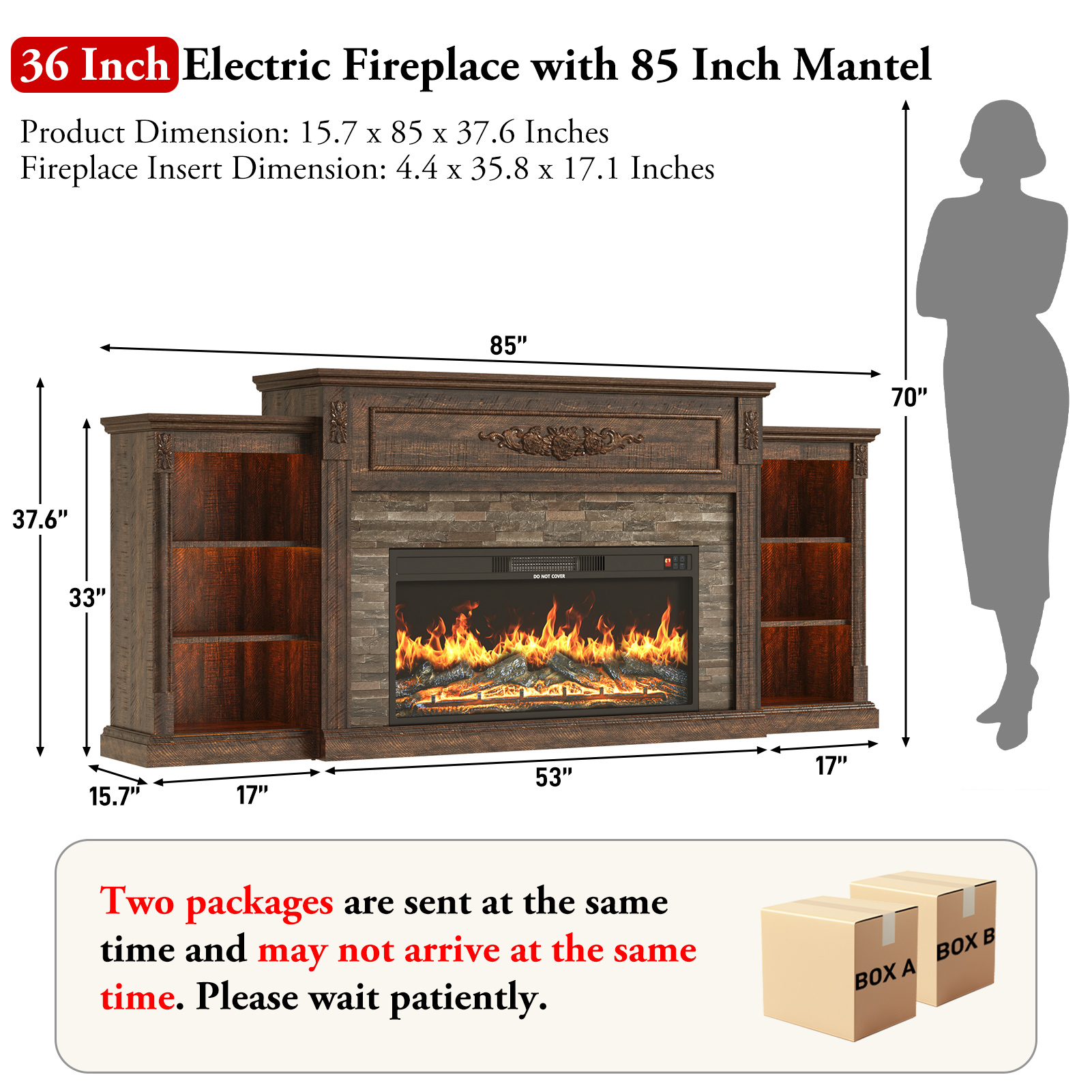 ANPOO 85" Electric Fireplace with Mantel, Fireplace TV Stand with 36" Fireplace for TVs Up to 95 Inch, 37.6" Tall Farmhouse Entertainment Center with LED Lights & Charging Station, Carved Decoration