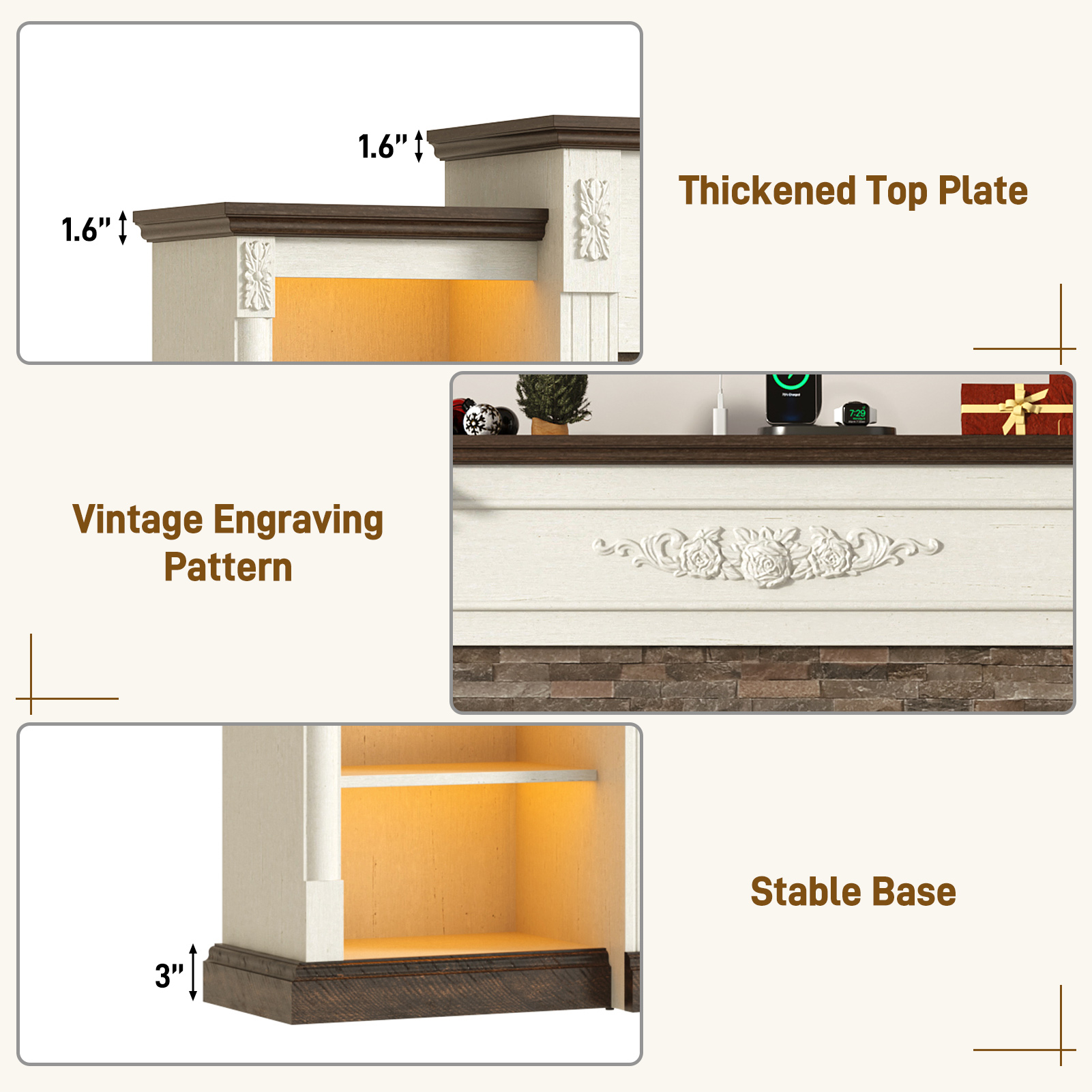 ANPOO 85" Electric Fireplace with Mantel, Fireplace TV Stand with 36" Fireplace for TVs Up to 95 Inch, 37.6" Tall Farmhouse Entertainment Center with LED Lights & Charging Station, Carved Decoration