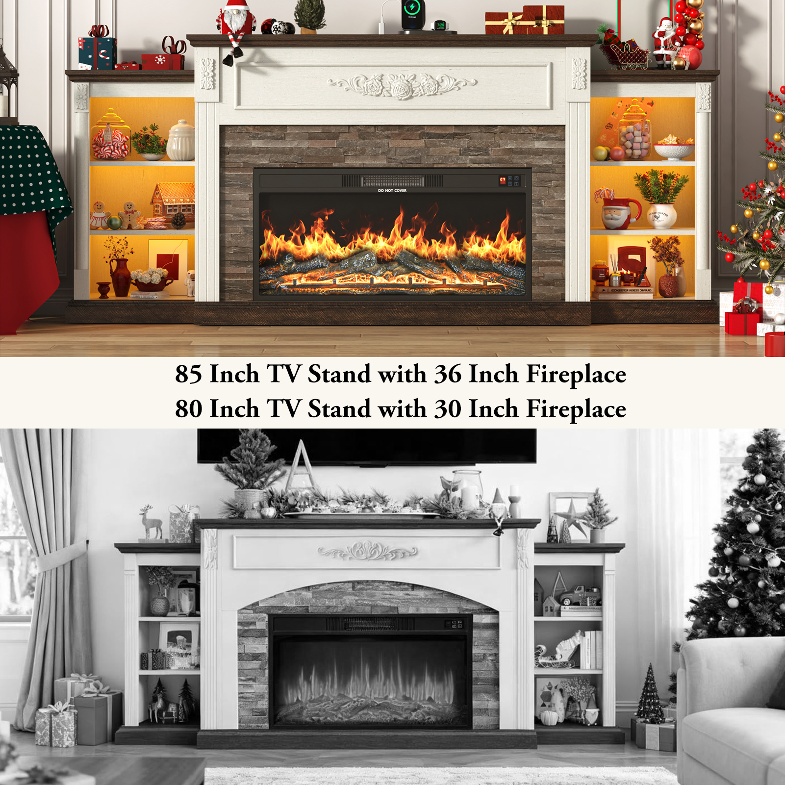 ANPOO 85" Electric Fireplace with Mantel, Fireplace TV Stand with 36" Fireplace for TVs Up to 95 Inch, 37.6" Tall Farmhouse Entertainment Center with LED Lights & Charging Station, Carved Decoration