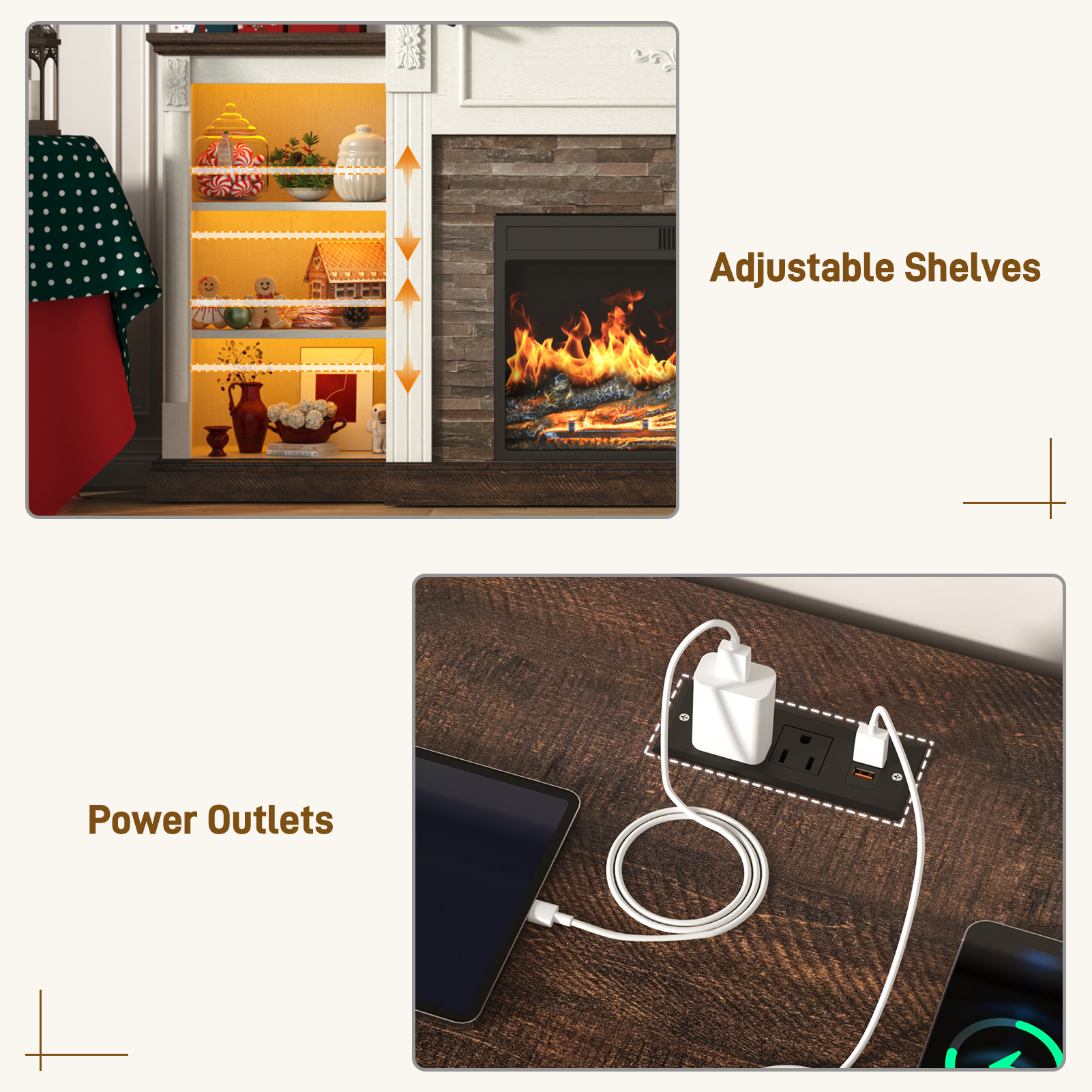 ANPOO 85" Electric Fireplace with Mantel, Fireplace TV Stand with 36" Fireplace for TVs Up to 95 Inch, 37.6" Tall Farmhouse Entertainment Center with LED Lights & Charging Station, Carved Decoration