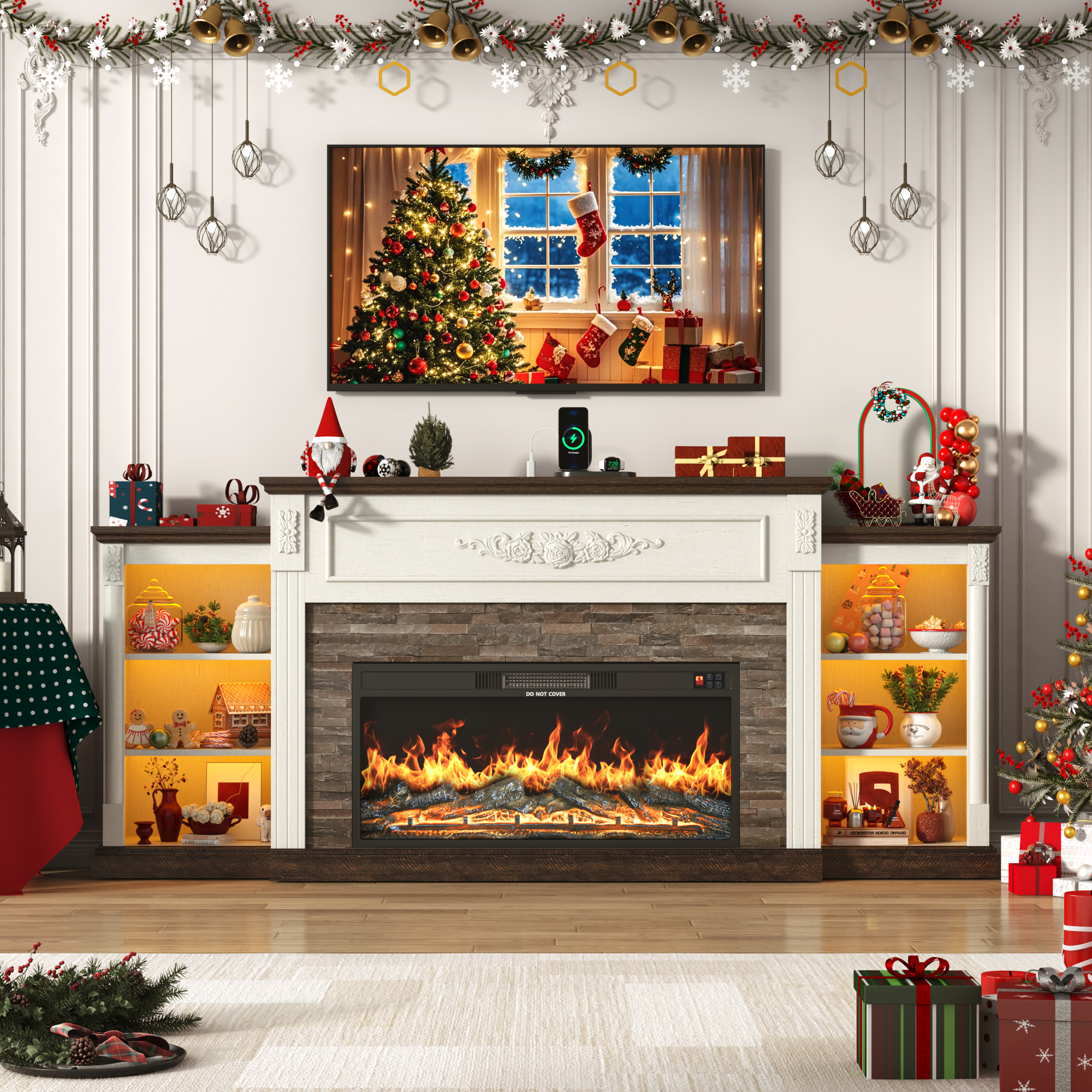 ANPOO 85" Electric Fireplace with Mantel, Fireplace TV Stand with 36" Fireplace for TVs Up to 95 Inch, 37.6" Tall Farmhouse Entertainment Center with LED Lights & Charging Station, Carved Decoration