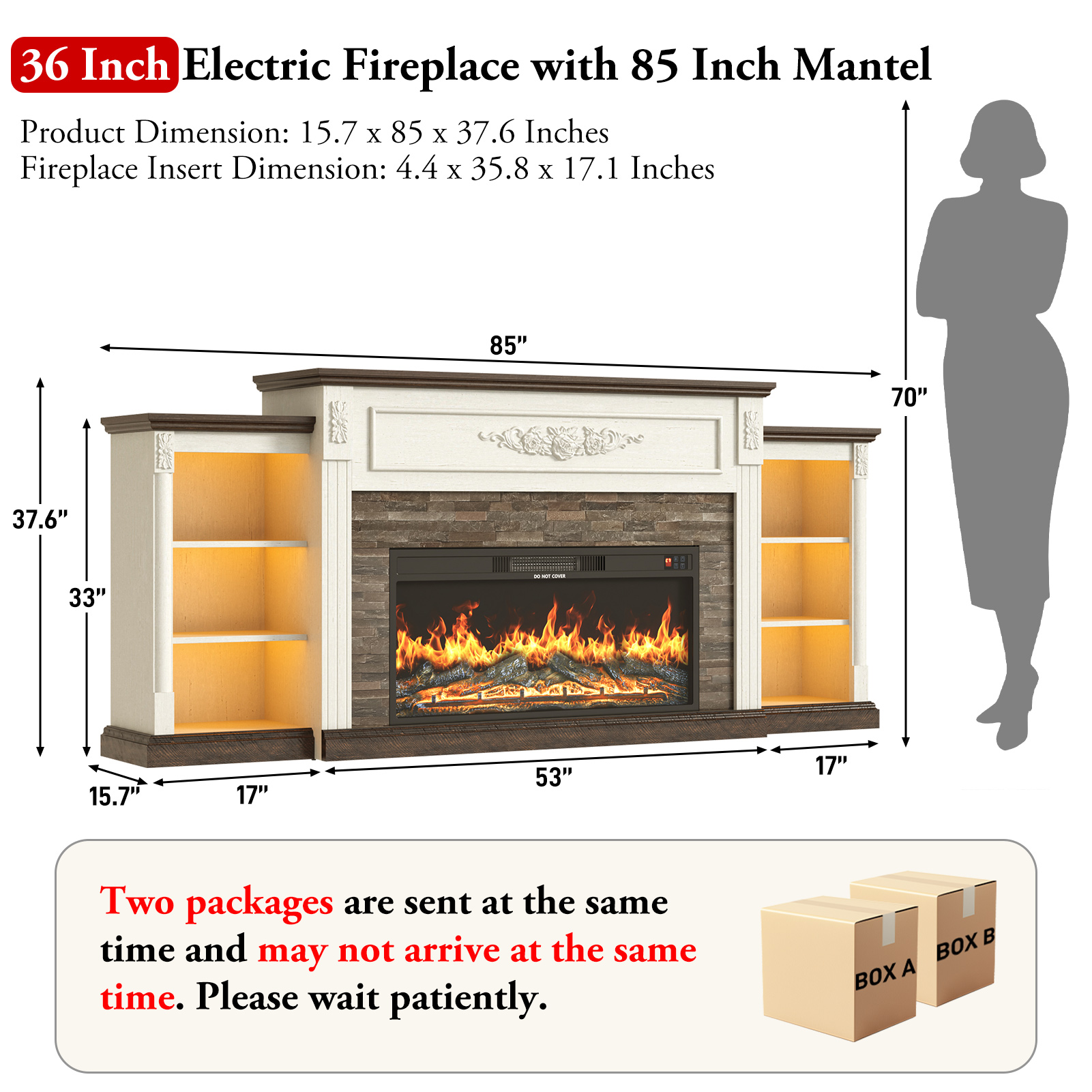 ANPOO 85" Electric Fireplace with Mantel, Fireplace TV Stand with 36" Fireplace for TVs Up to 95 Inch, 37.6" Tall Farmhouse Entertainment Center with LED Lights & Charging Station, Carved Decoration