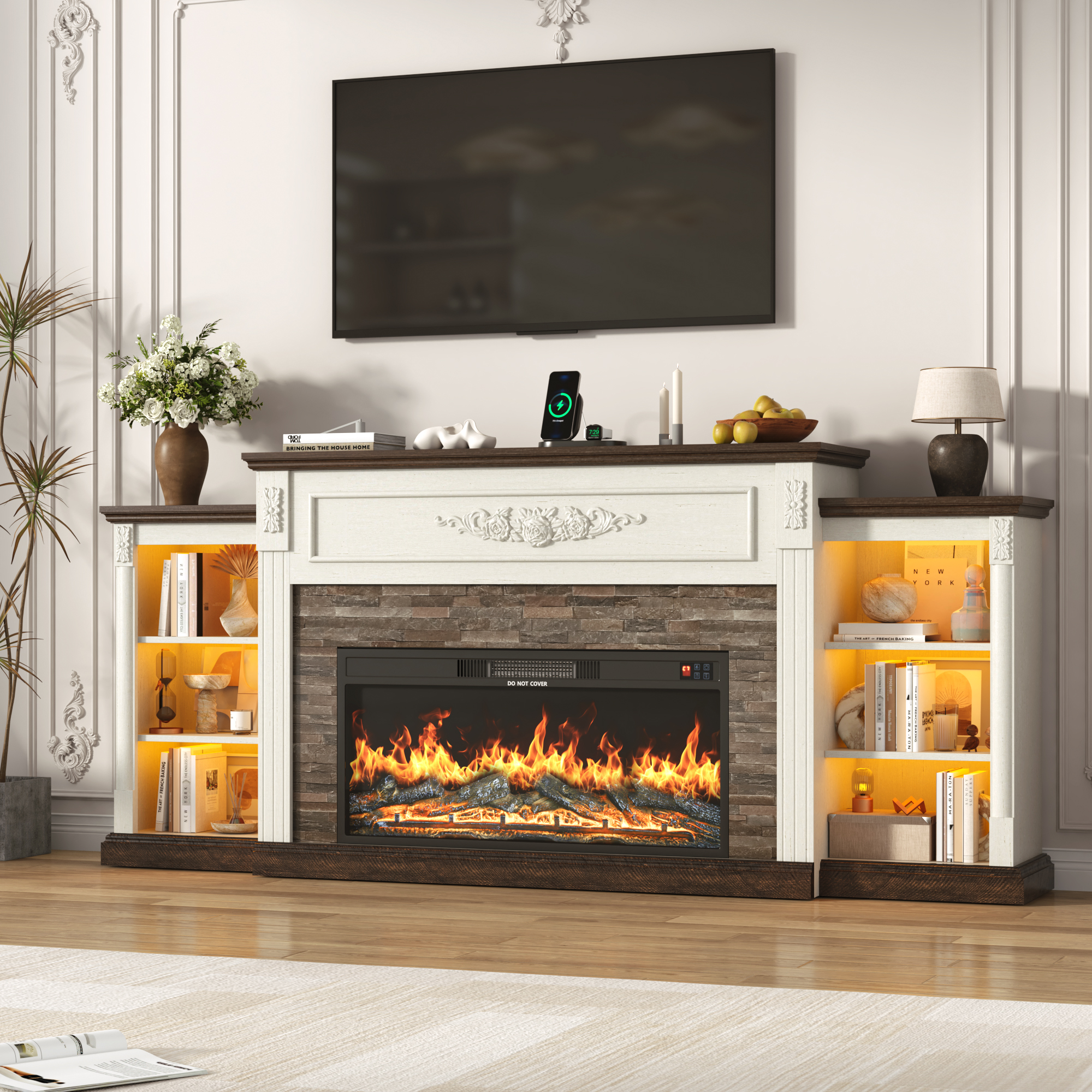 ANPOO 85" Electric Fireplace with Mantel, Fireplace TV Stand with 36" Fireplace for TVs Up to 95 Inch, 37.6" Tall Farmhouse Entertainment Center with LED Lights & Charging Station, Carved Decoration