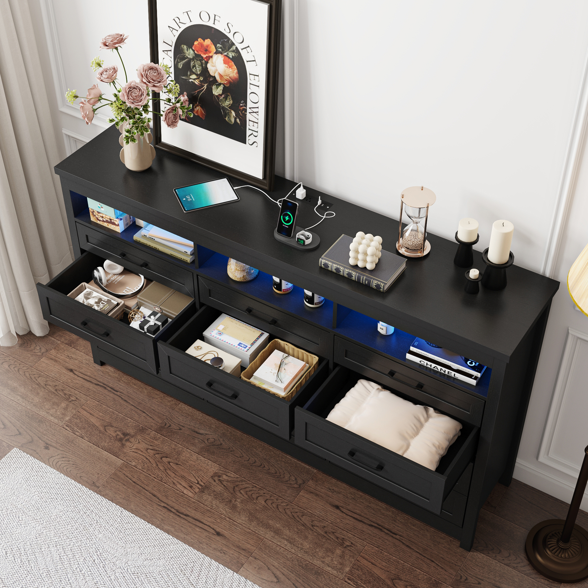 ANPOO 9 Drawers Dresser with Power Outlet&LED Light, Farmhouse Long Dresser TV Stand with 3 Open Spaces, 63'' Wood Dresser for Bedroom, Living Room, Entryway, Hallway