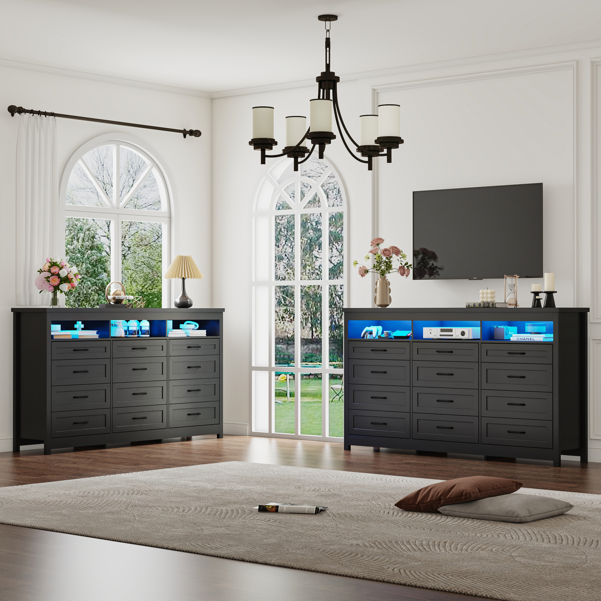 ANPOO 9 Drawers Dresser with Power Outlet&LED Light, Farmhouse Long Dresser TV Stand with 3 Open Spaces, 63'' Wood Dresser for Bedroom, Living Room, Entryway, Hallway