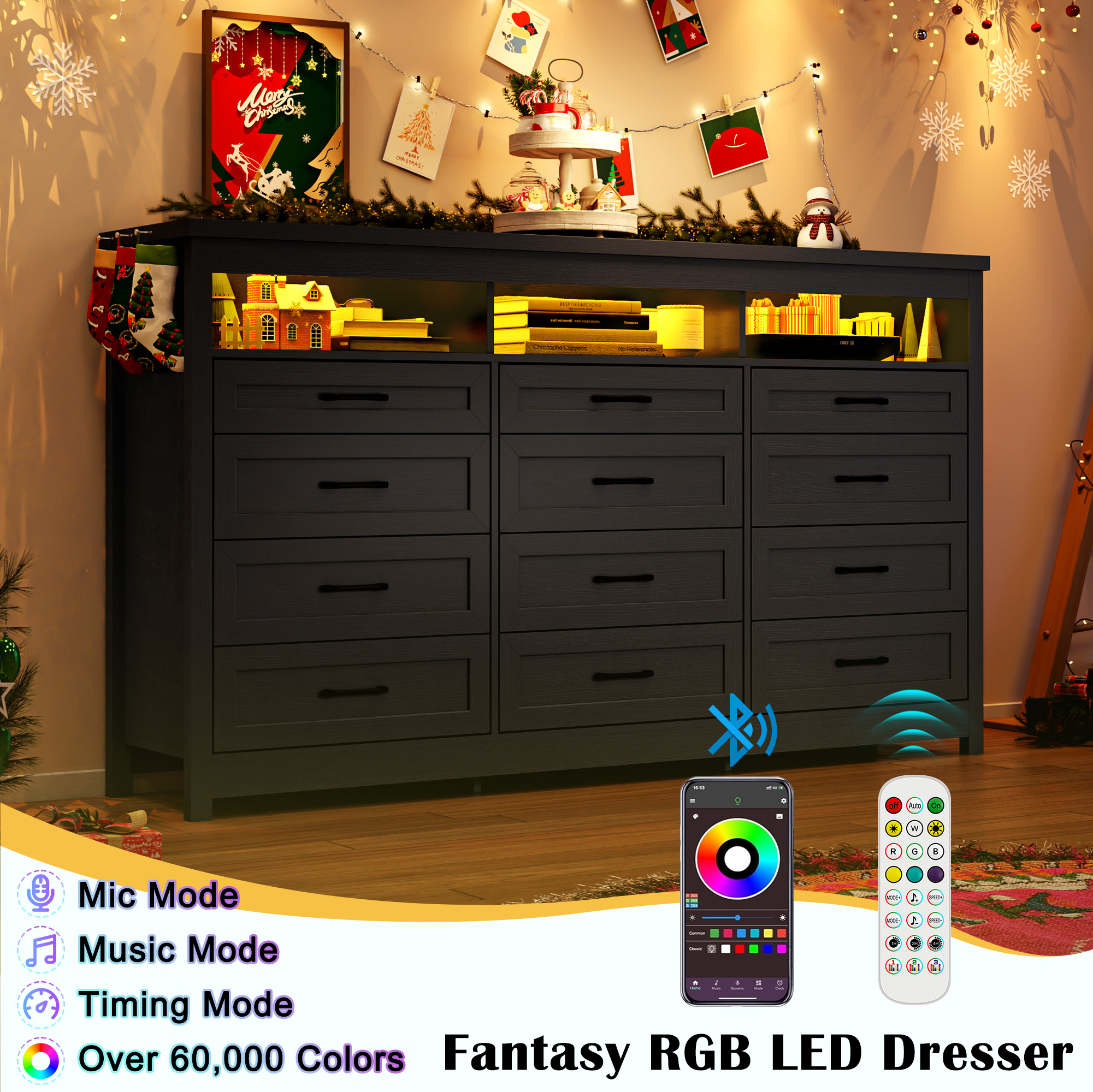 ANPOO 9 Drawers Dresser with Power Outlet&LED Light, Farmhouse Long Dresser TV Stand with 3 Open Spaces, 63'' Wood Dresser for Bedroom, Living Room, Entryway, Hallway