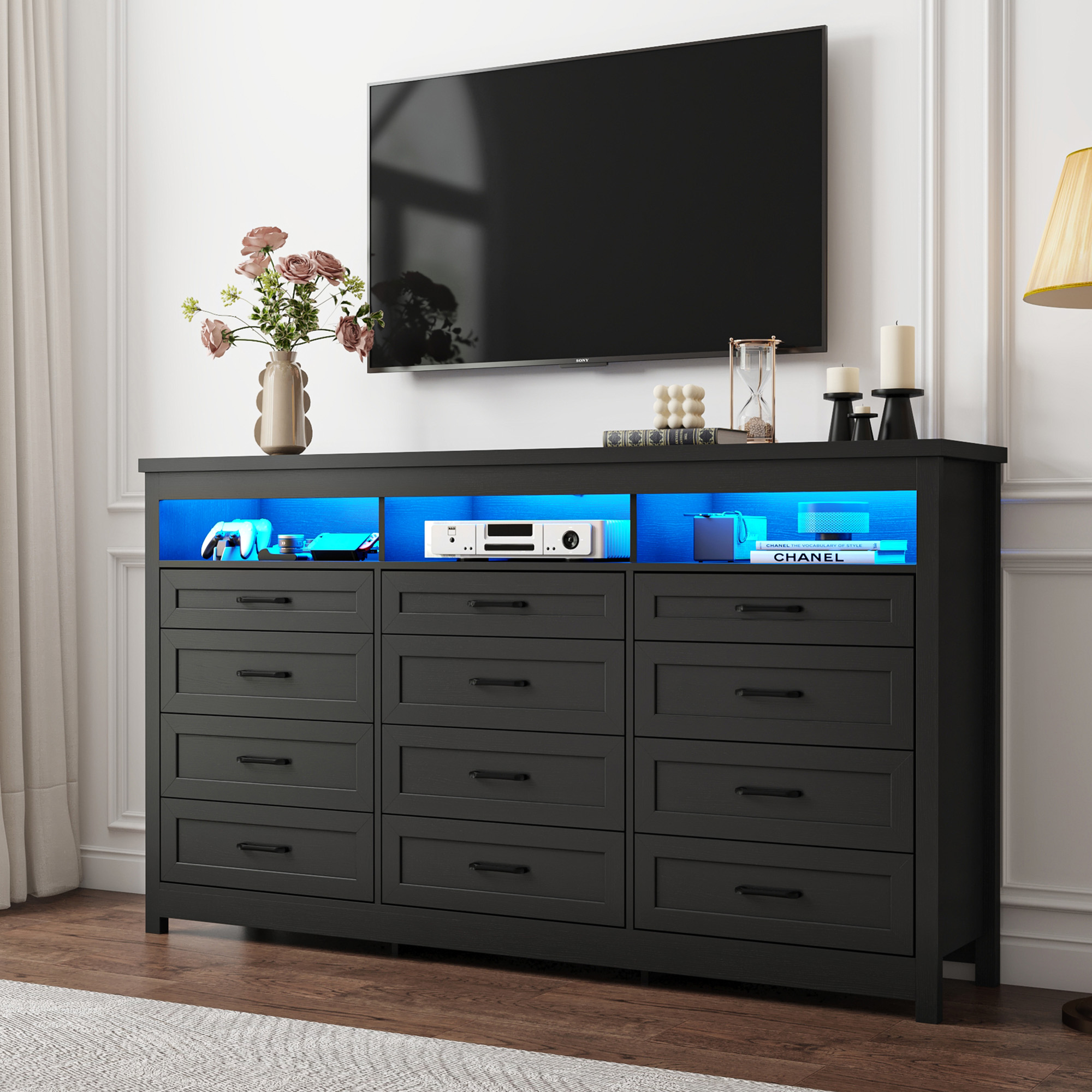 ANPOO 9 Drawers Dresser with Power Outlet&LED Light, Farmhouse Long Dresser TV Stand with 3 Open Spaces, 63'' Wood Dresser for Bedroom, Living Room, Entryway, Hallway