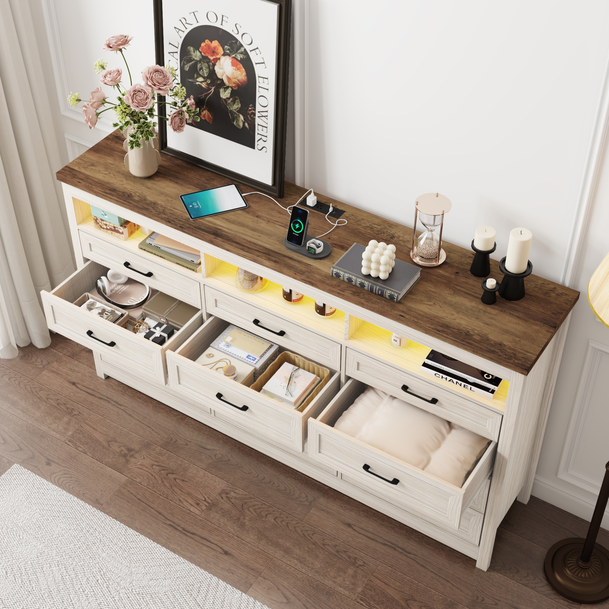 ANPOO 9 Drawers Dresser with Power Outlet&LED Light, Farmhouse Long Dresser TV Stand with 3 Open Spaces, 63'' Wood Dresser for Bedroom, Living Room, Entryway, Hallway