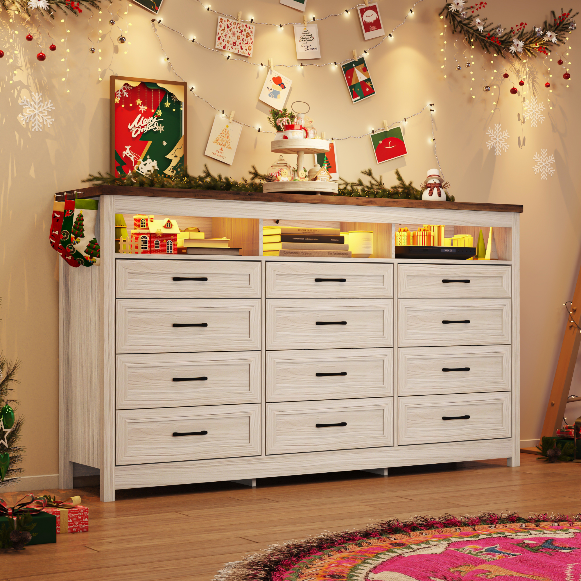 ANPOO 9 Drawers Dresser with Power Outlet&LED Light, Farmhouse Long Dresser TV Stand with 3 Open Spaces, 63'' Wood Dresser for Bedroom, Living Room, Entryway, Hallway