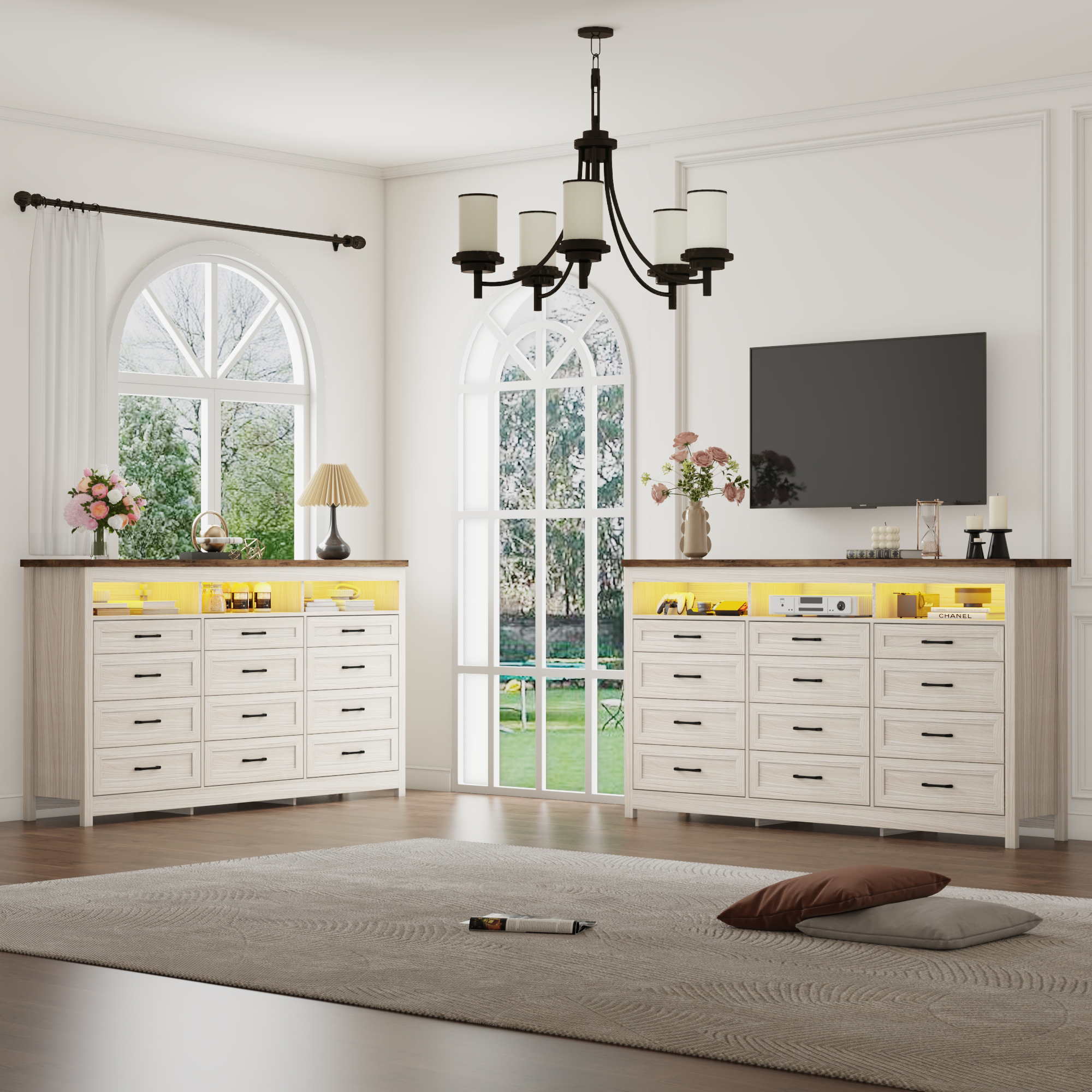 ANPOO 9 Drawers Dresser with Power Outlet&LED Light, Farmhouse Long Dresser TV Stand with 3 Open Spaces, 63'' Wood Dresser for Bedroom, Living Room, Entryway, Hallway