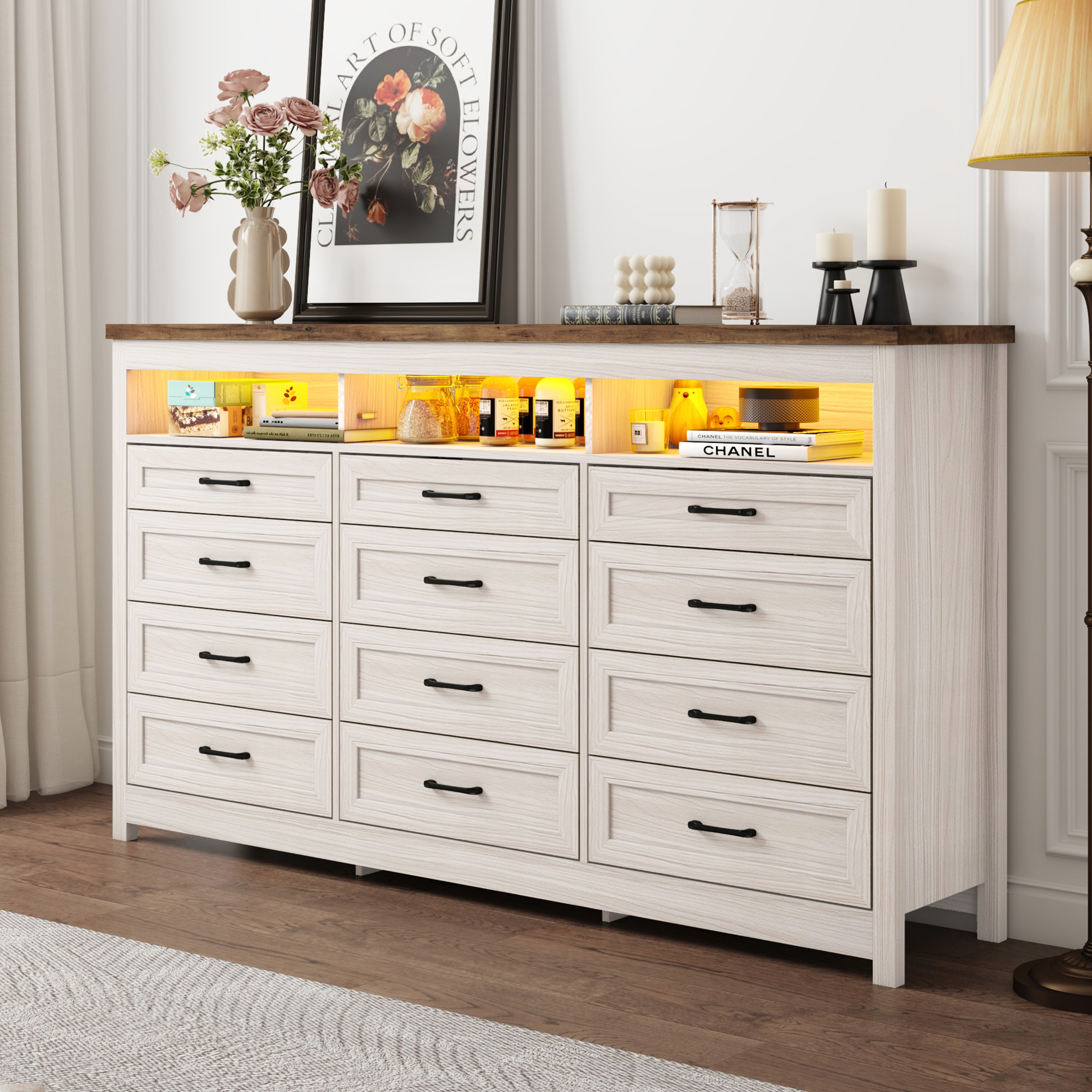 ANPOO 9 Drawers Dresser with Power Outlet&LED Light, Farmhouse Long Dresser TV Stand with 3 Open Spaces, 63'' Wood Dresser for Bedroom, Living Room, Entryway, Hallway