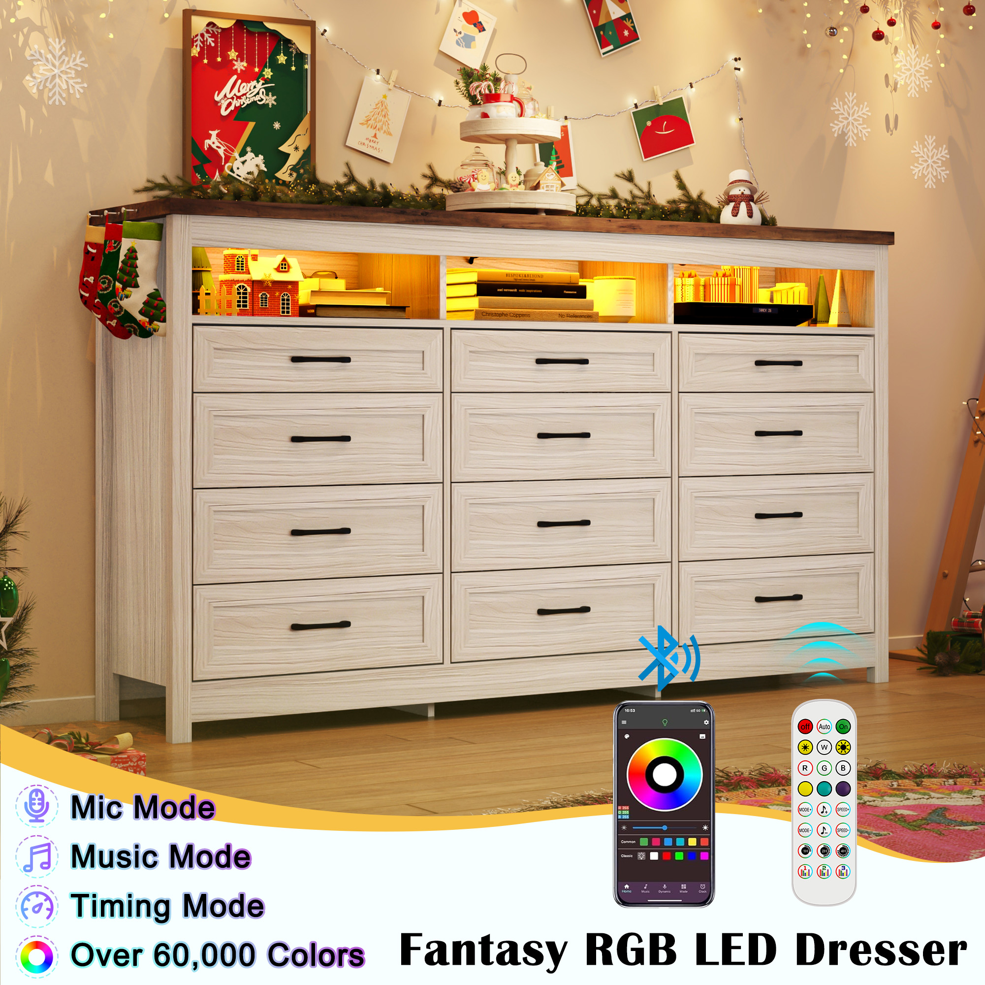 ANPOO 9 Drawers Dresser with Power Outlet&LED Light, Farmhouse Long Dresser TV Stand with 3 Open Spaces, 63'' Wood Dresser for Bedroom, Living Room, Entryway, Hallway