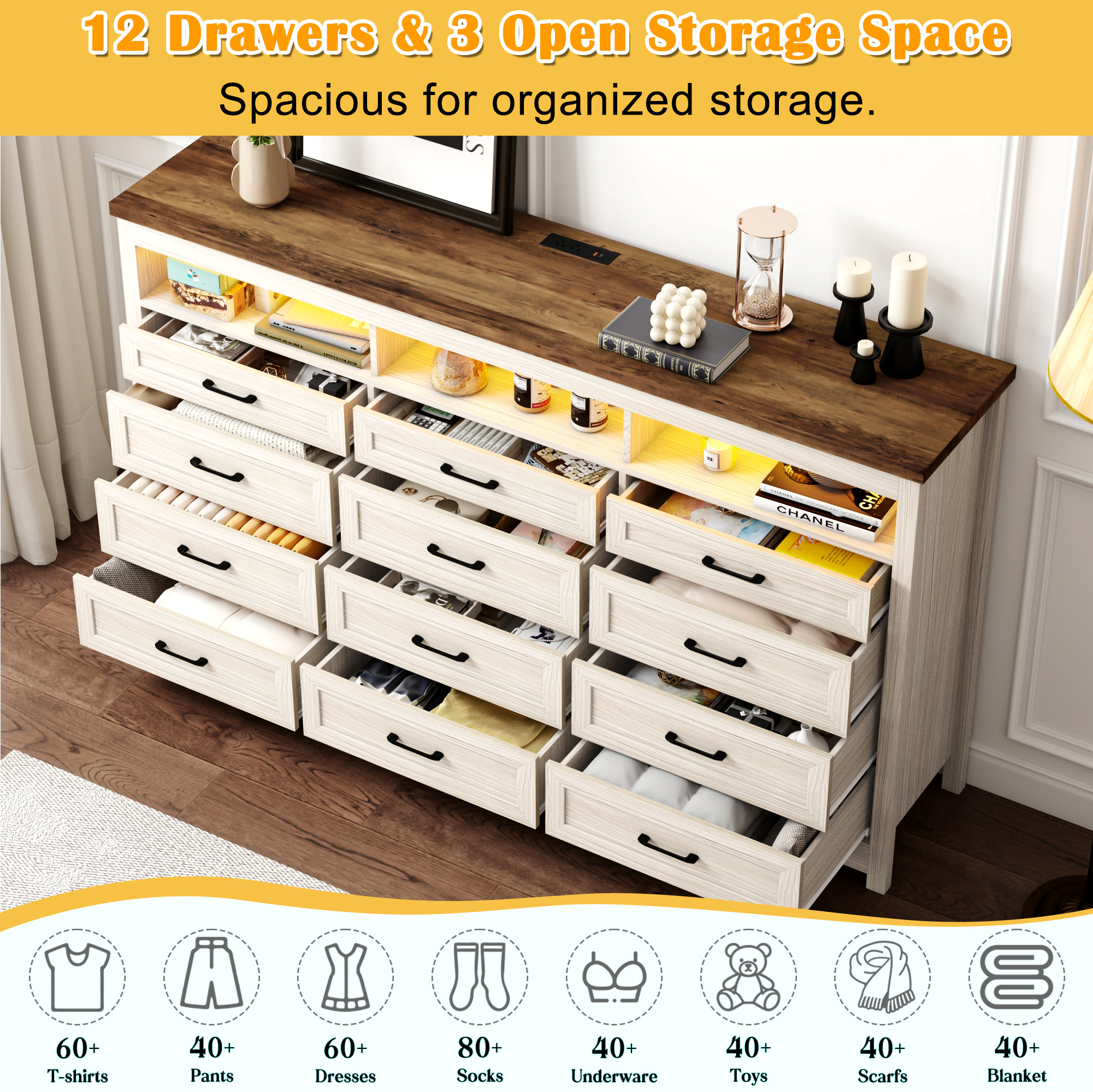 ANPOO 9 Drawers Dresser with Power Outlet&LED Light, Farmhouse Long Dresser TV Stand with 3 Open Spaces, 63'' Wood Dresser for Bedroom, Living Room, Entryway, Hallway
