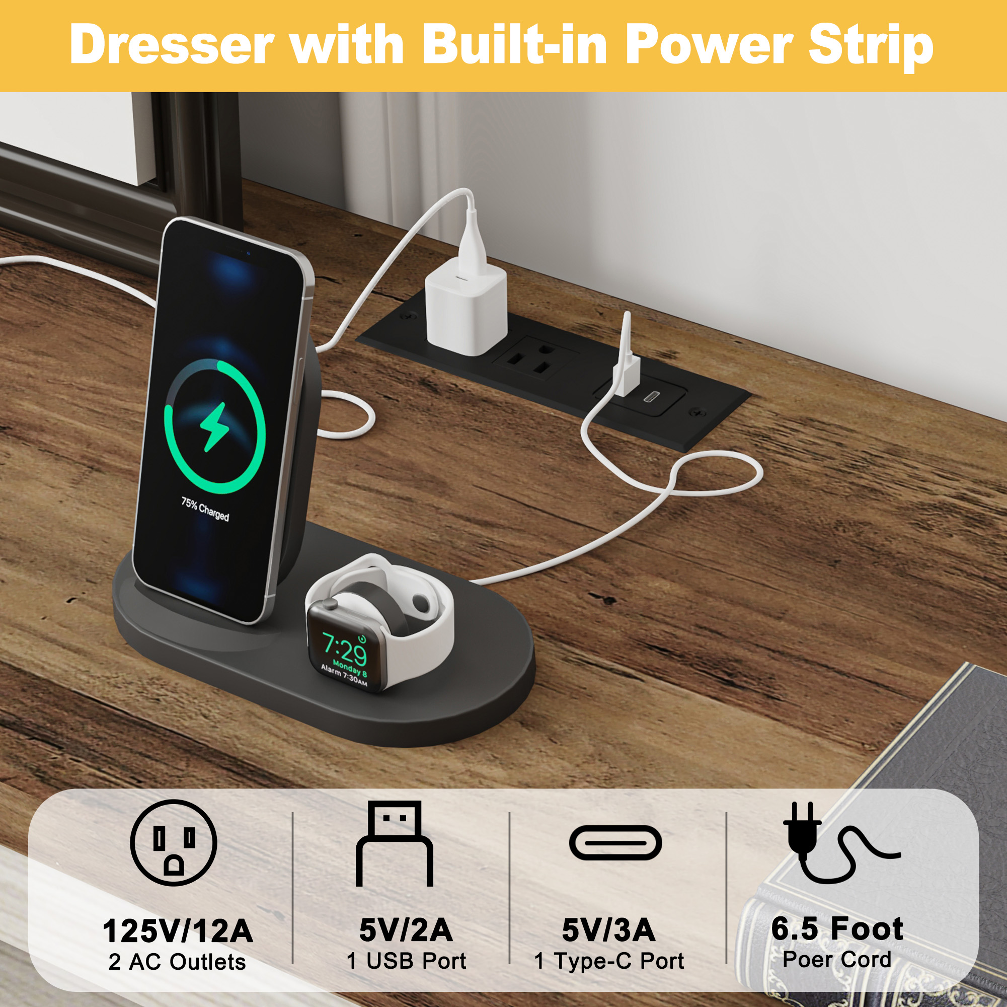 ANPOO 9 Drawers Dresser with Power Outlet&LED Light, Farmhouse Long Dresser TV Stand with 3 Open Spaces, 63'' Wood Dresser for Bedroom, Living Room, Entryway, Hallway