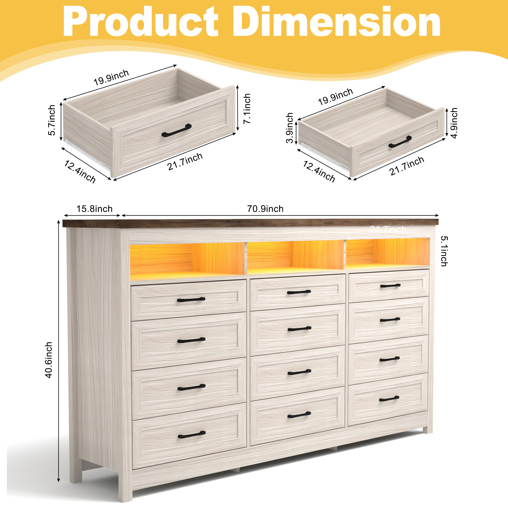 ANPOO 9 Drawers Dresser with Power Outlet&LED Light, Farmhouse Long Dresser TV Stand with 3 Open Spaces, 63'' Wood Dresser for Bedroom, Living Room, Entryway, Hallway