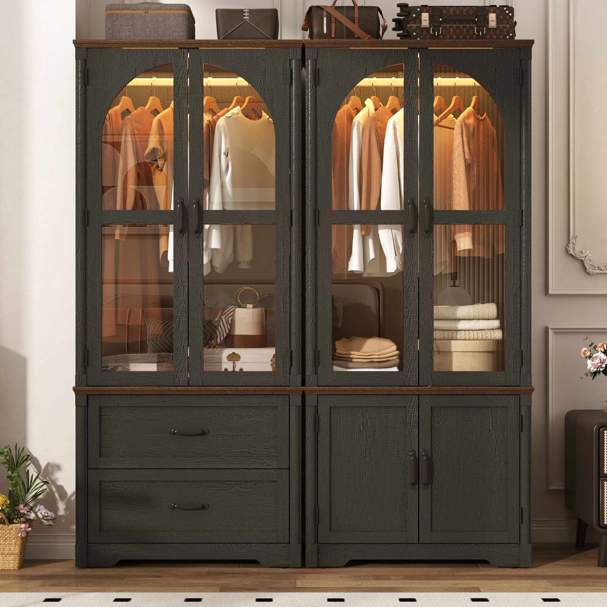 2 Glass Doors Armoire Wardrobe Closet with 2 Drawer & LED Sensor Light, 72"H Arch design Clothing Storage Cabinet with Hanging Rod for Bedroom