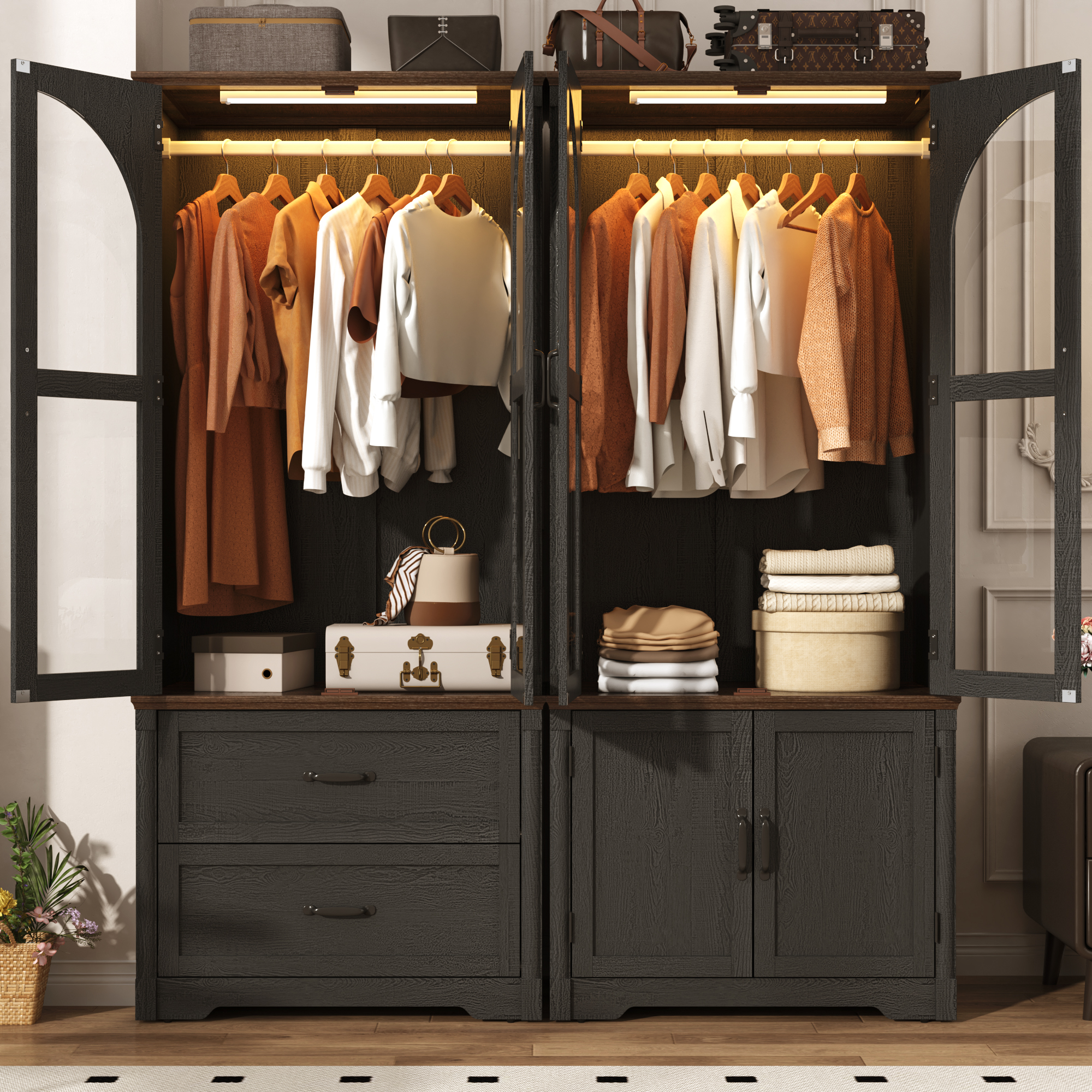 2 Glass Doors Armoire Wardrobe Closet with 2 Drawer & LED Sensor Light, 72"H Arch design Clothing Storage Cabinet with Hanging Rod for Bedroom