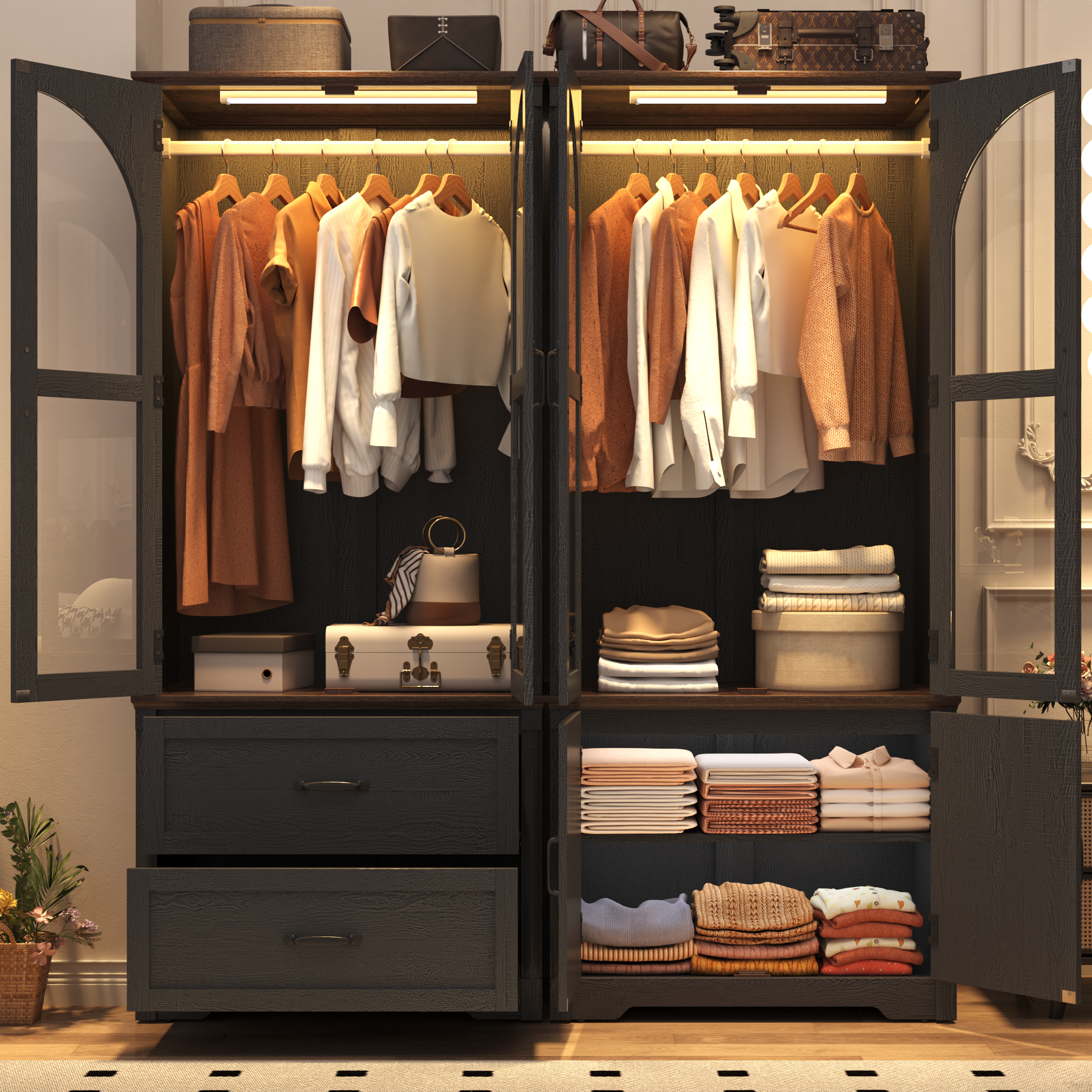 2 Glass Doors Armoire Wardrobe Closet with 2 Drawer & LED Sensor Light, 72"H Arch design Clothing Storage Cabinet with Hanging Rod for Bedroom