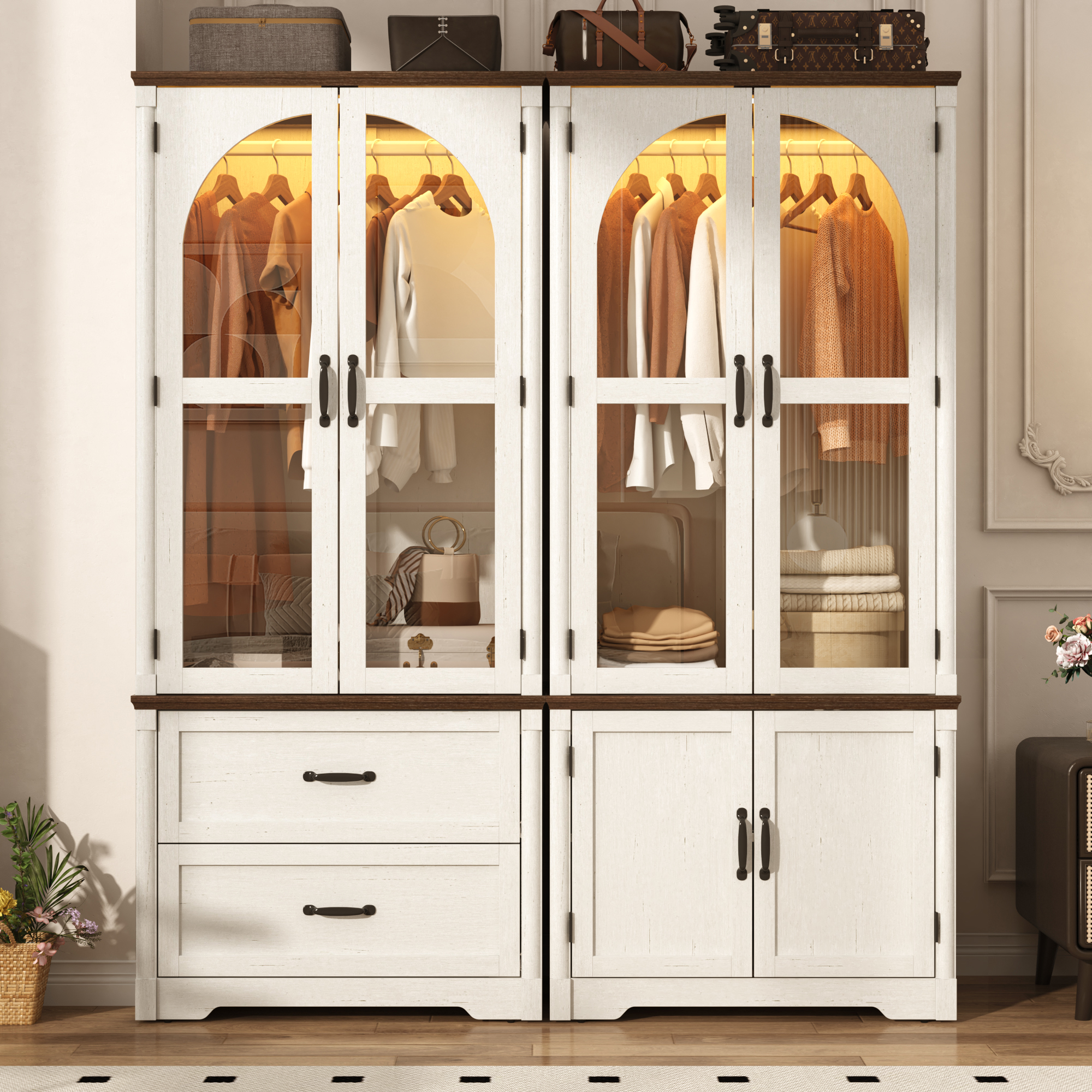 2 Glass Doors Armoire Wardrobe Closet with 2 Drawer & LED Sensor Light, 72"H Arch design Clothing Storage Cabinet with Hanging Rod for Bedroom
