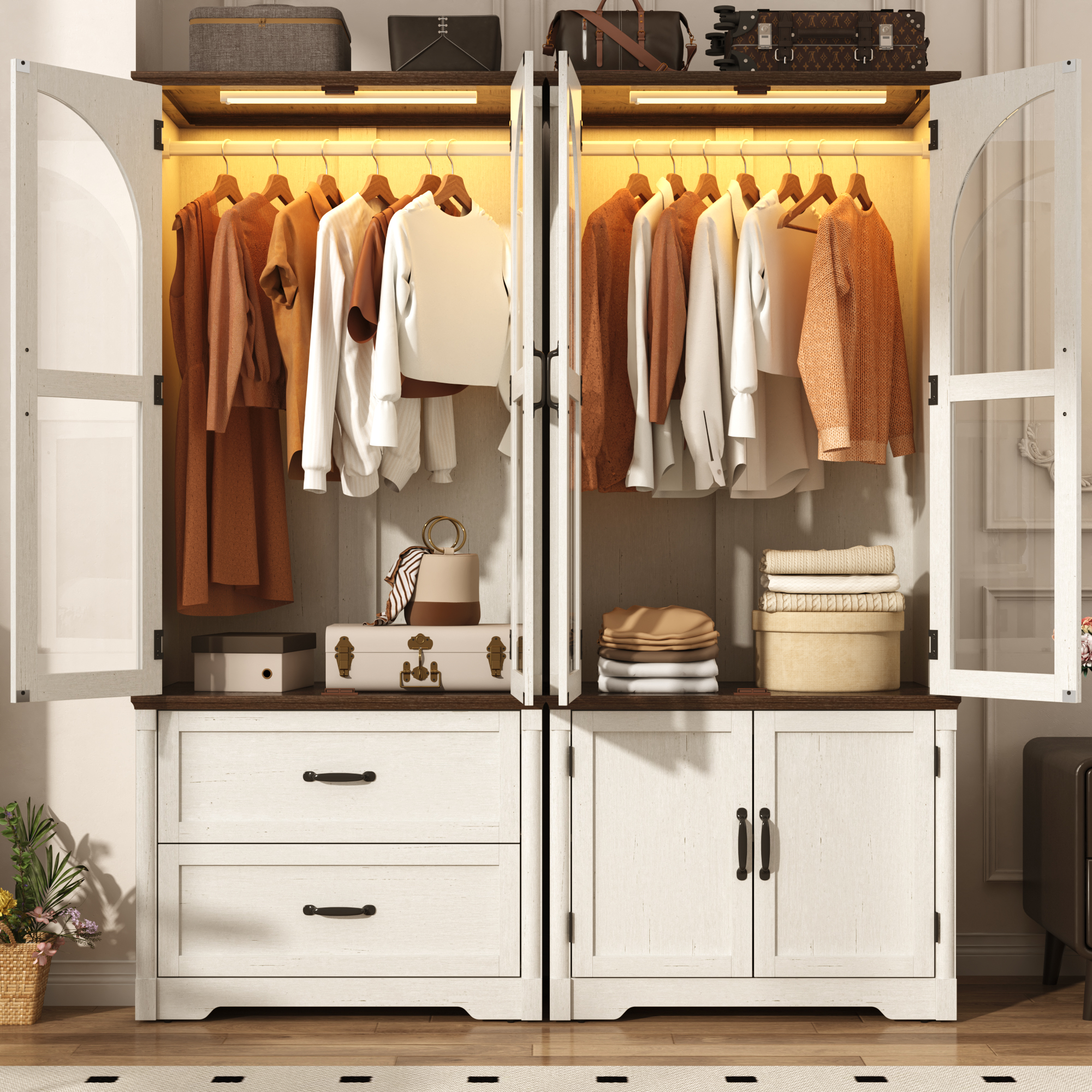 2 Glass Doors Armoire Wardrobe Closet with 2 Drawer & LED Sensor Light, 72"H Arch design Clothing Storage Cabinet with Hanging Rod for Bedroom