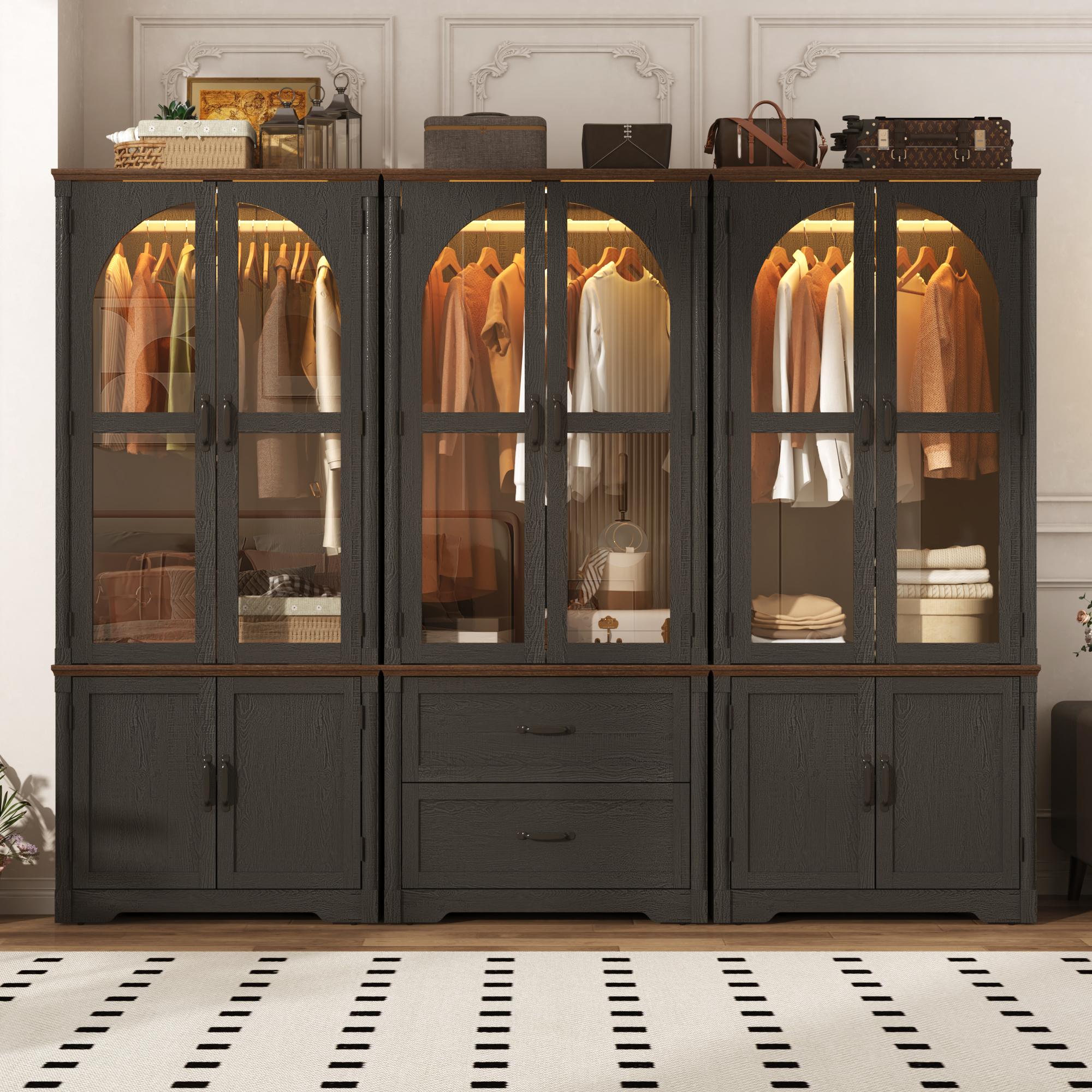 2 Glass Doors Armoire Wardrobe Closet with 2 Drawer & LED Sensor Light, 72"H Arch design Clothing Storage Cabinet with Hanging Rod for Bedroom