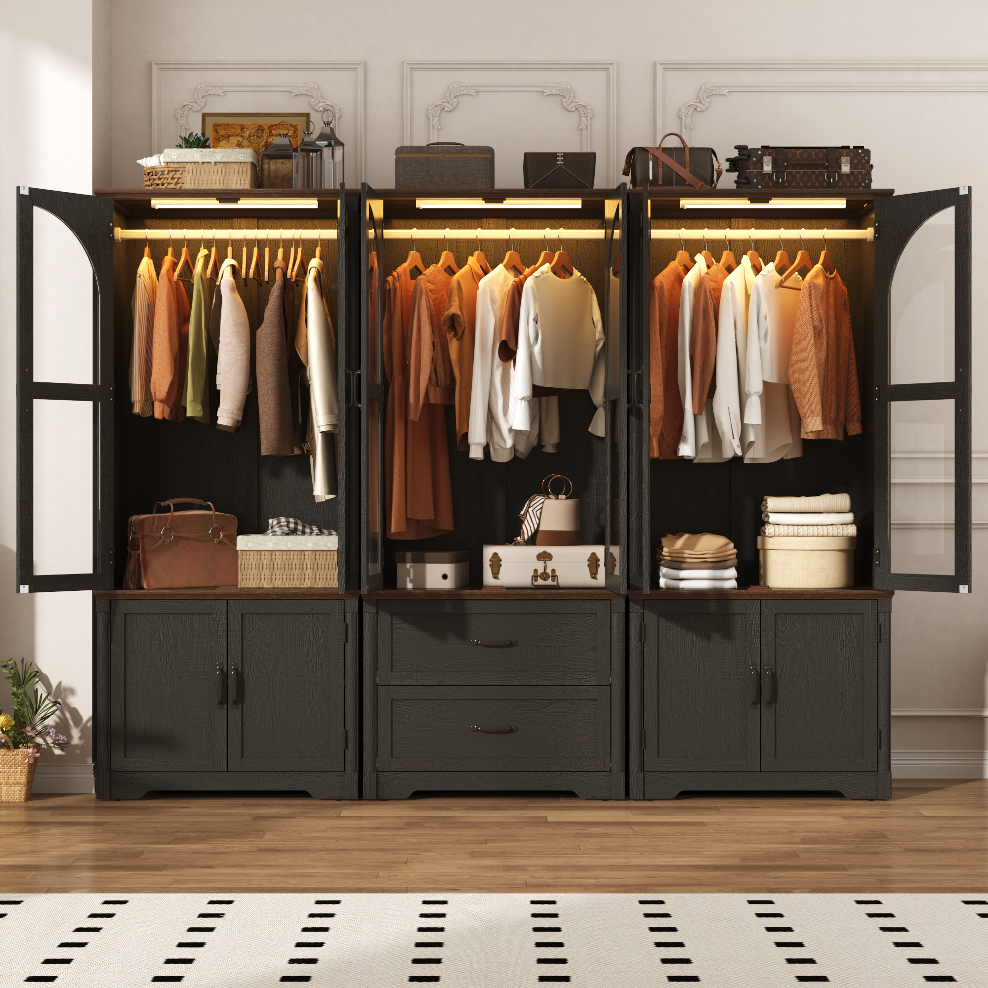 2 Glass Doors Armoire Wardrobe Closet with 2 Drawer & LED Sensor Light, 72"H Arch design Clothing Storage Cabinet with Hanging Rod for Bedroom