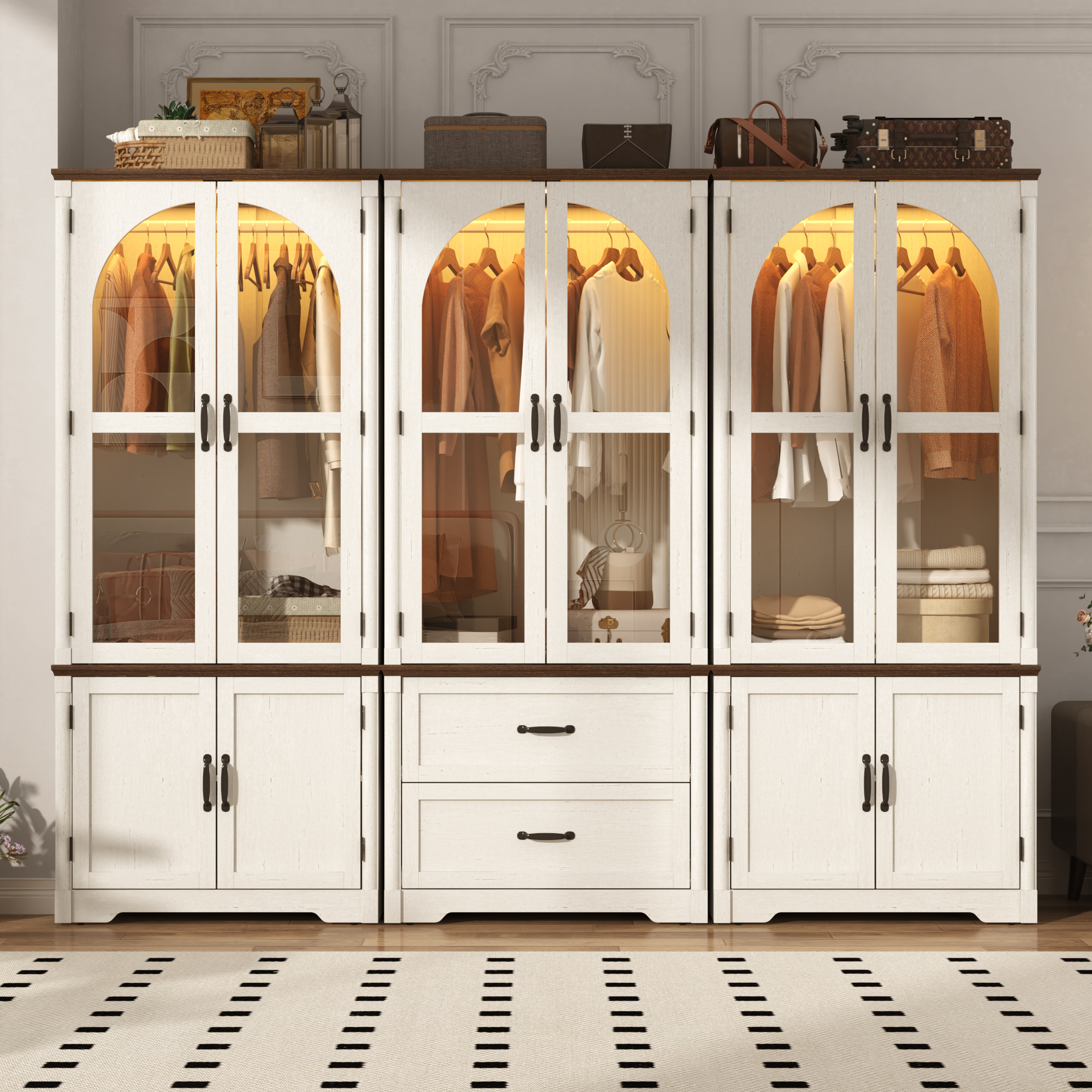 2 Glass Doors Armoire Wardrobe Closet with 2 Drawer & LED Sensor Light, 72"H Arch design Clothing Storage Cabinet with Hanging Rod for Bedroom