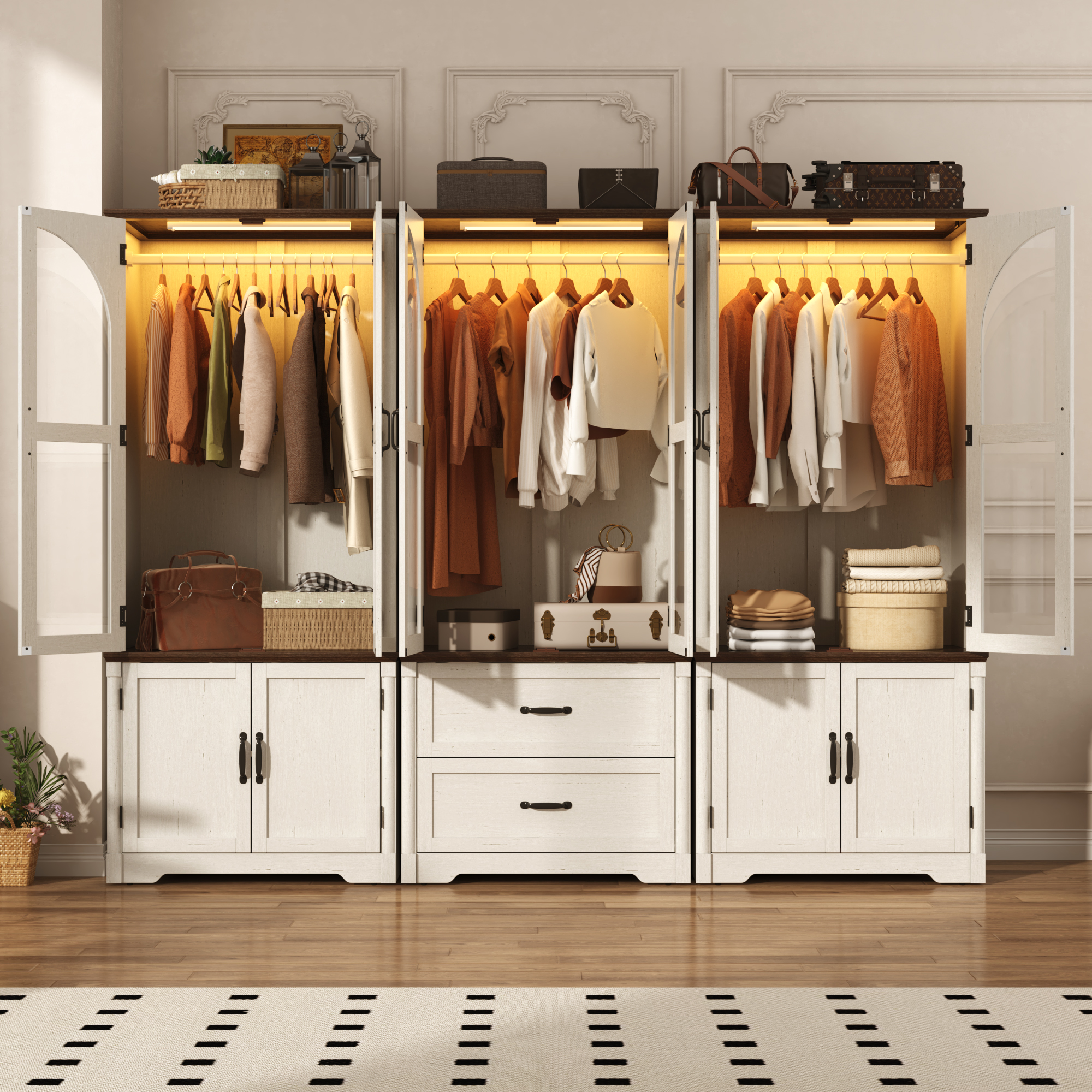 2 Glass Doors Armoire Wardrobe Closet with 2 Drawer & LED Sensor Light, 72"H Arch design Clothing Storage Cabinet with Hanging Rod for Bedroom