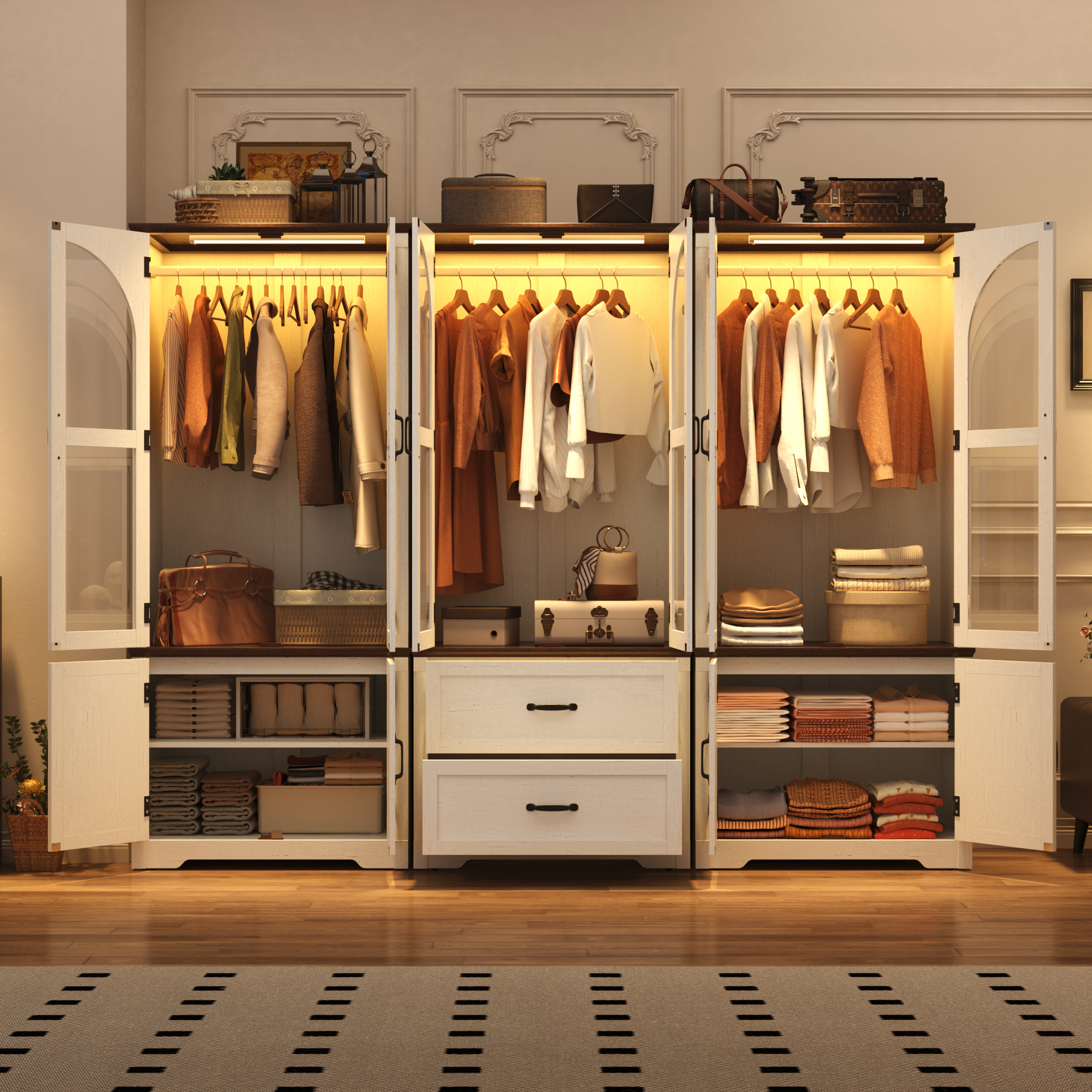 2 Glass Doors Armoire Wardrobe Closet with 2 Drawer & LED Sensor Light, 72"H Arch design Clothing Storage Cabinet with Hanging Rod for Bedroom