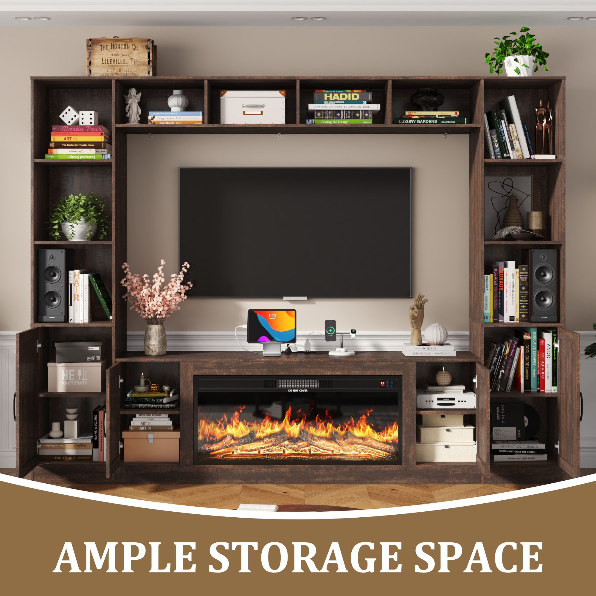 ChVans 103" Farmhouse TV Stand with 40" Electric Fireplace & Bookshelves, Large Entertainment Center Wall Unit with Storage Cabinets, Rustic Wood Media Console for Living Room