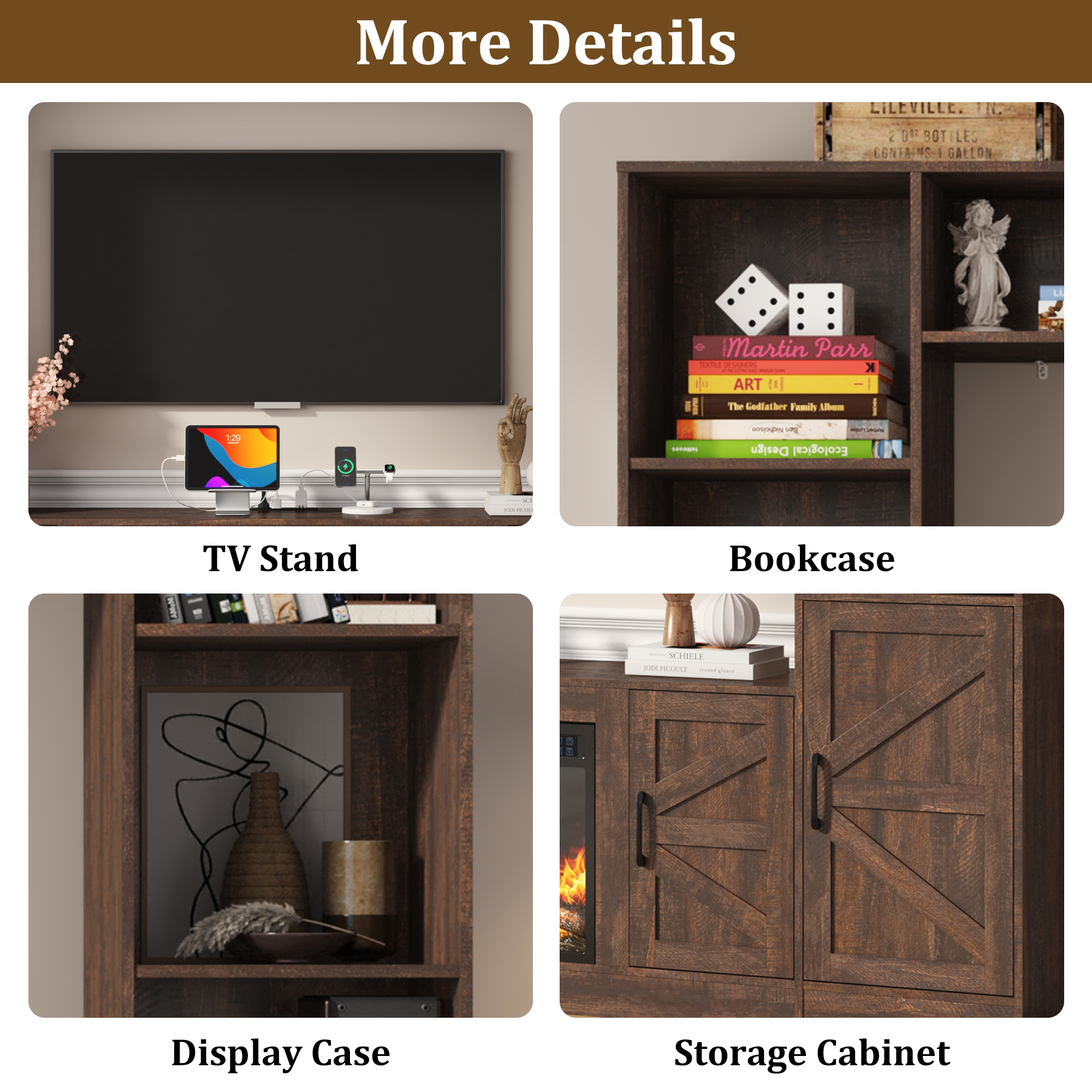 ChVans 103" Farmhouse TV Stand with 40" Electric Fireplace & Bookshelves, Large Entertainment Center Wall Unit with Storage Cabinets, Rustic Wood Media Console for Living Room