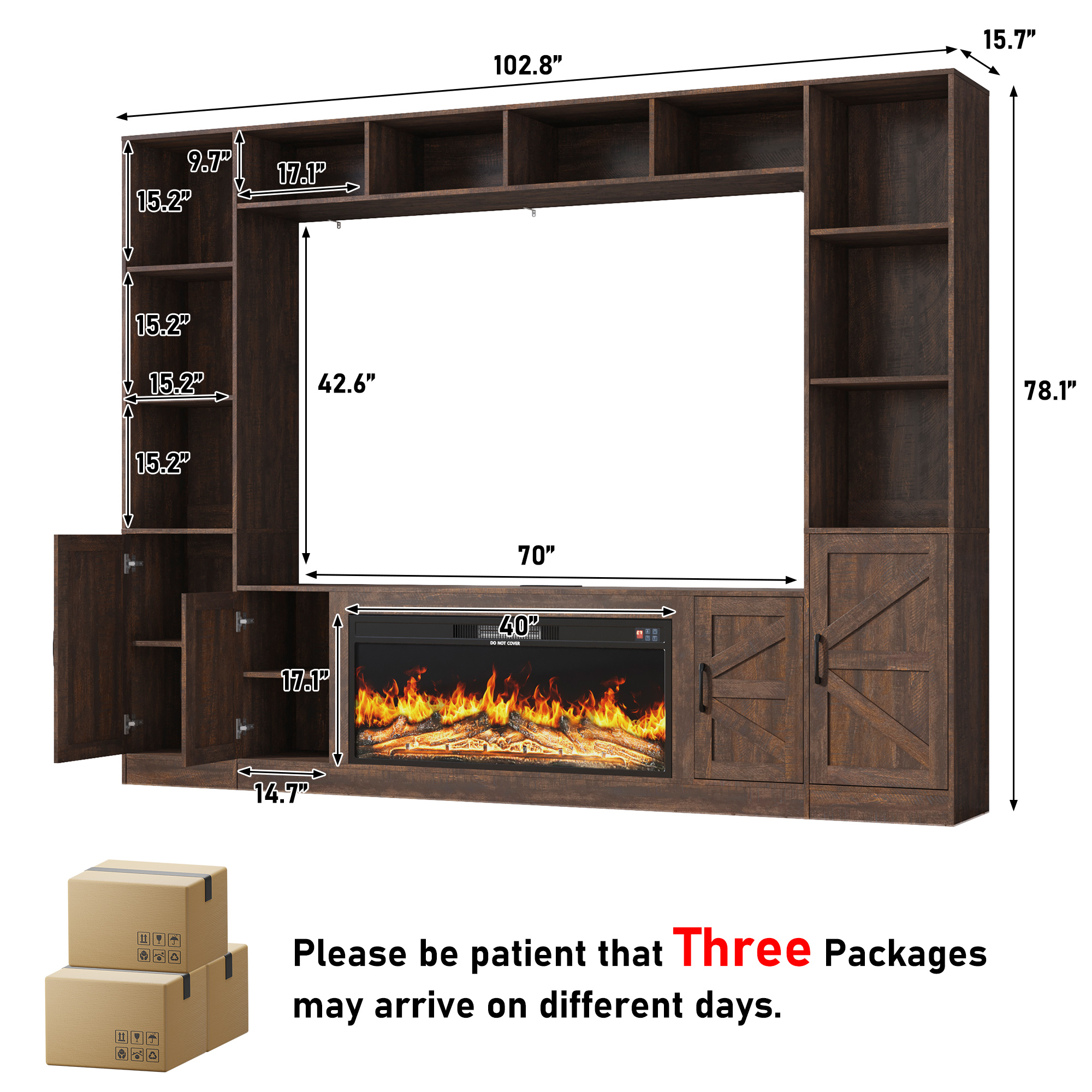ChVans 103" Farmhouse TV Stand with 40" Electric Fireplace & Bookshelves, Large Entertainment Center Wall Unit with Storage Cabinets, Rustic Wood Media Console for Living Room