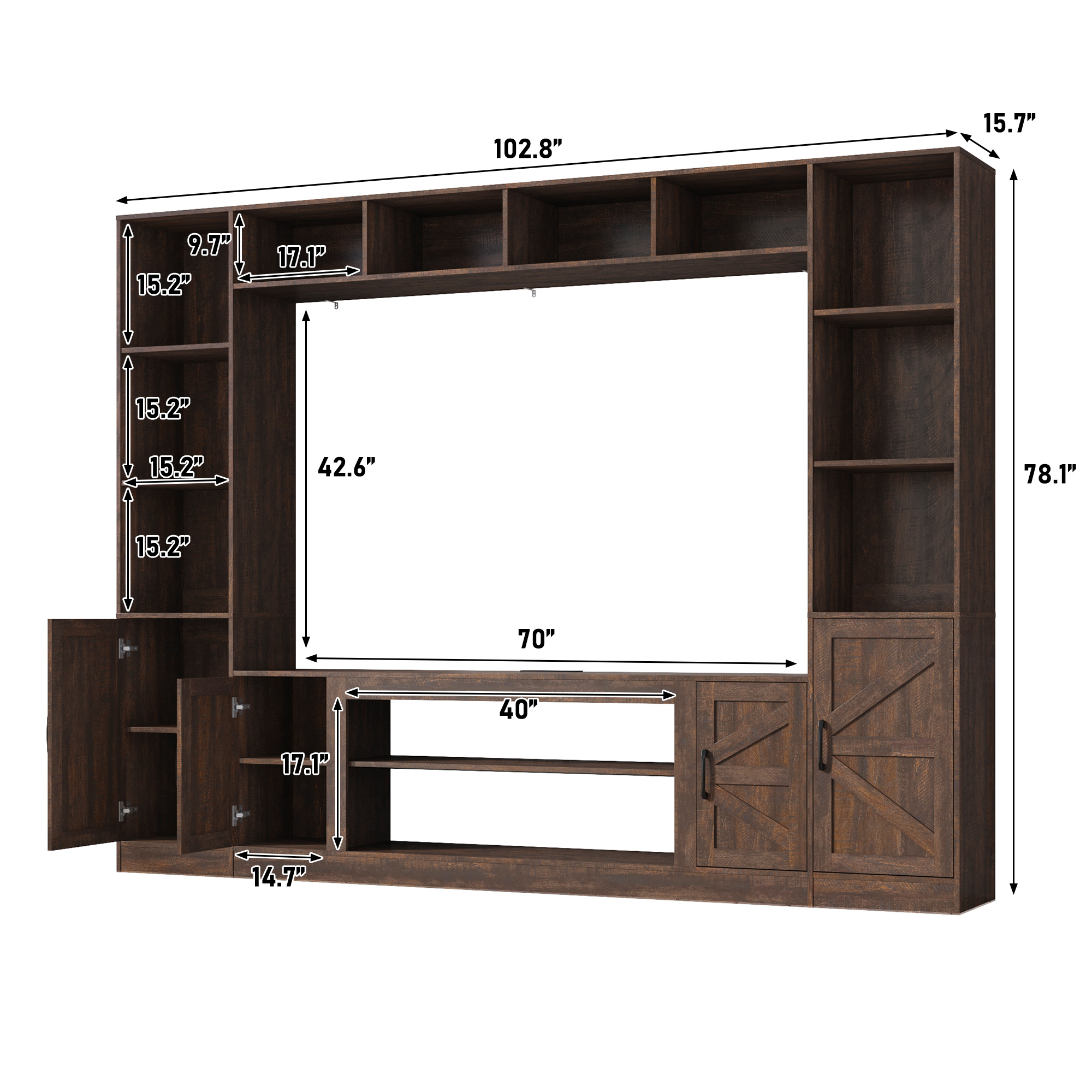 ChVans 103" Rustic TV Farmhouse Wall Unit Entertainment Center for TVs up to 80", Large Wall Unit TV Stand with Bookshelves, Charging Station & Sliding Barn Door Cabinets