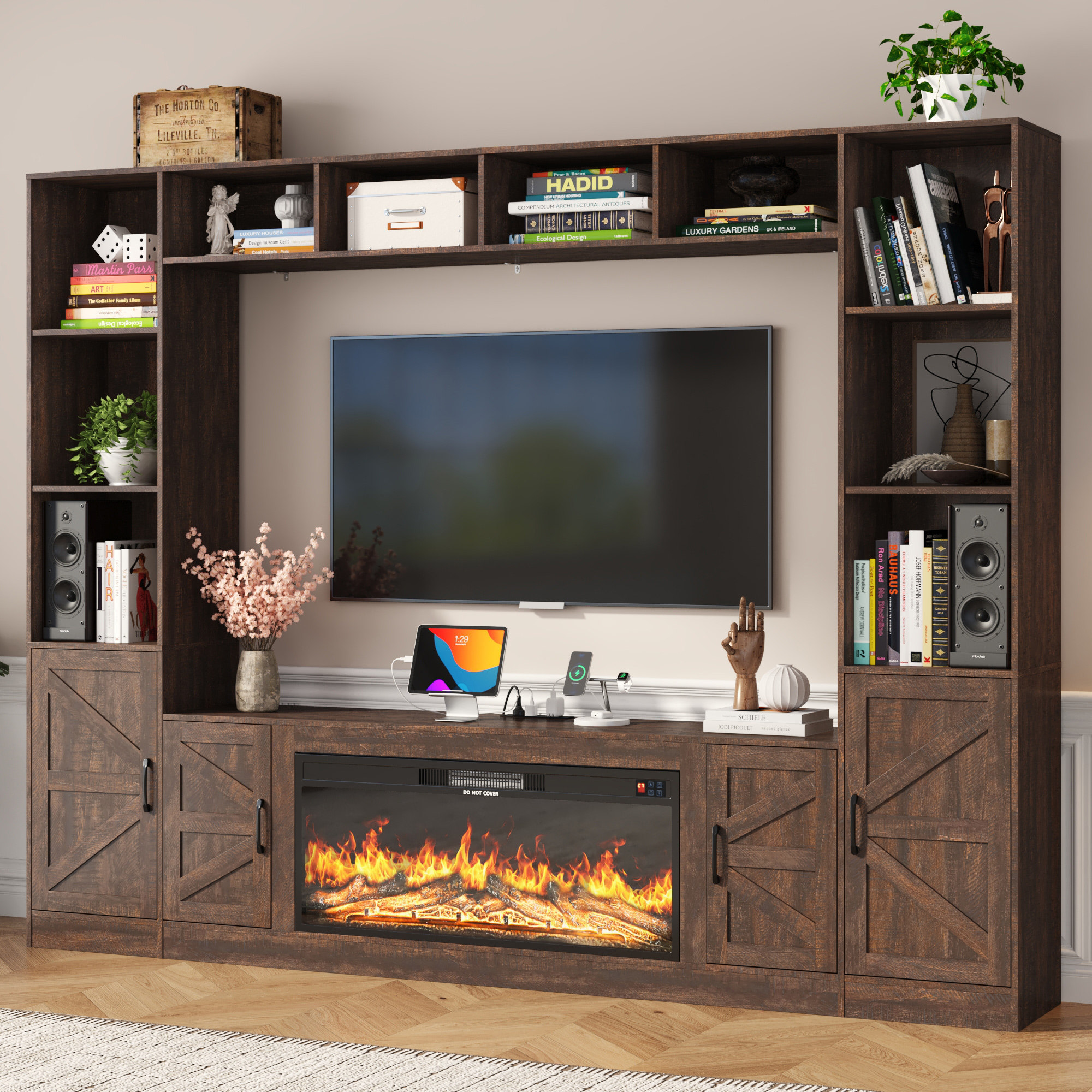 ChVans 103" Farmhouse TV Stand with 40" Electric Fireplace & Bookshelves, Large Entertainment Center Wall Unit with Storage Cabinets, Rustic Wood Media Console for Living Room