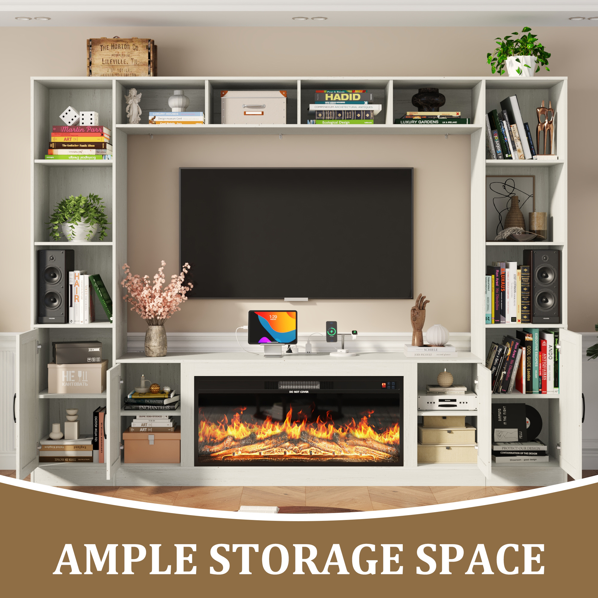 ChVans 103" Farmhouse TV Stand with 40" Electric Fireplace & Bookshelves, Large Entertainment Center Wall Unit with Storage Cabinets, Rustic Wood Media Console for Living Room