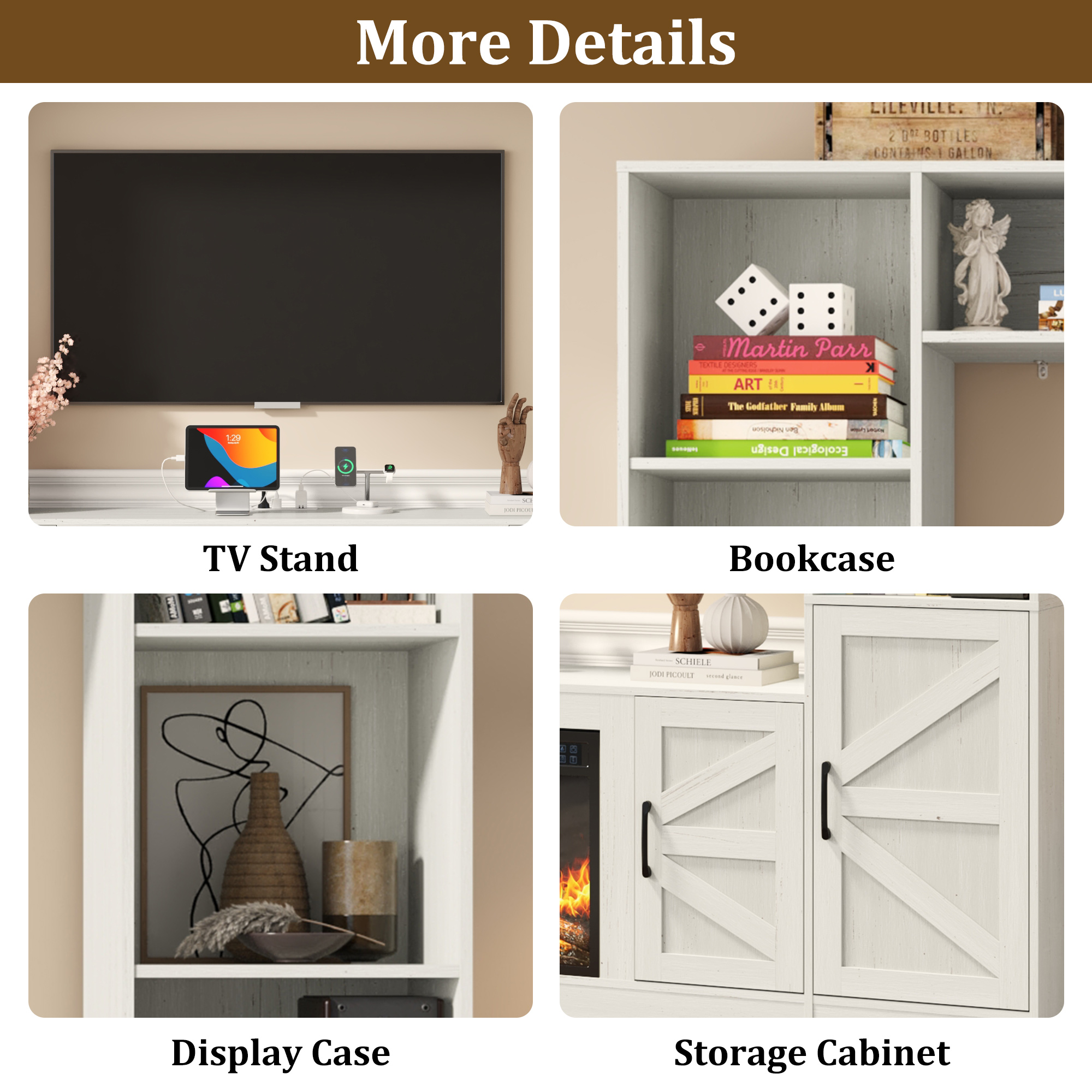 ChVans 103" Farmhouse TV Stand with 40" Electric Fireplace & Bookshelves, Large Entertainment Center Wall Unit with Storage Cabinets, Rustic Wood Media Console for Living Room