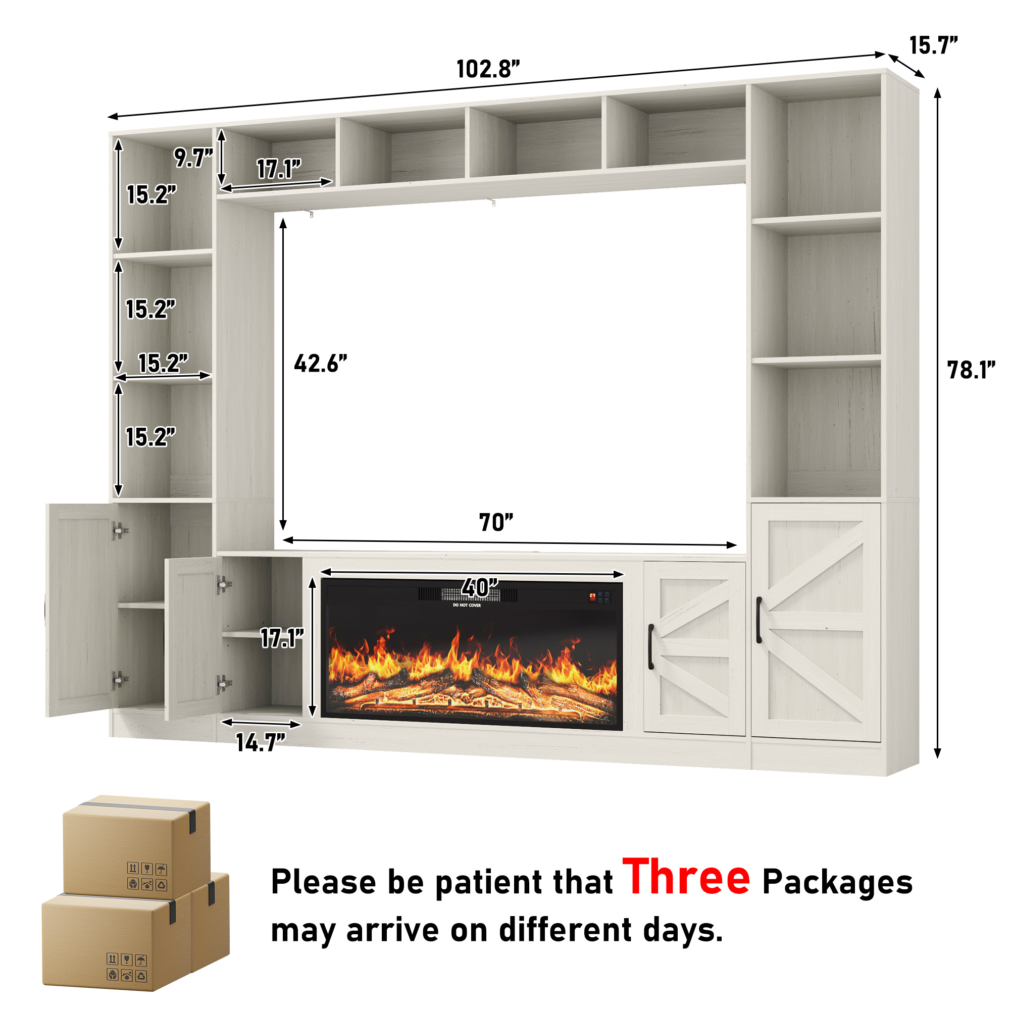 ChVans 103" Farmhouse TV Stand with 40" Electric Fireplace & Bookshelves, Large Entertainment Center Wall Unit with Storage Cabinets, Rustic Wood Media Console for Living Room