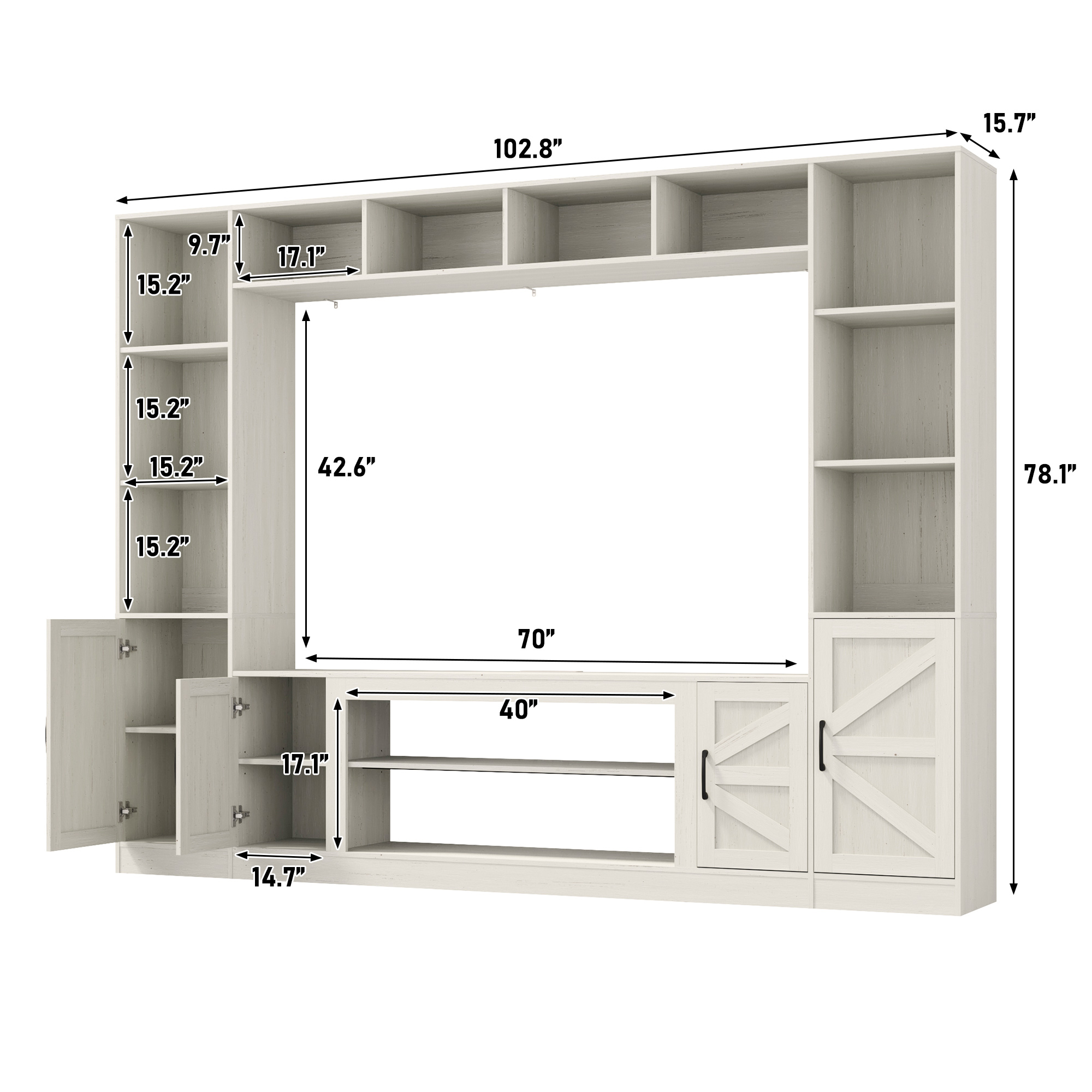 ChVans 103" Rustic TV Farmhouse Wall Unit Entertainment Center for TVs up to 80", Large Wall Unit TV Stand with Bookshelves, Charging Station & Sliding Barn Door Cabinets