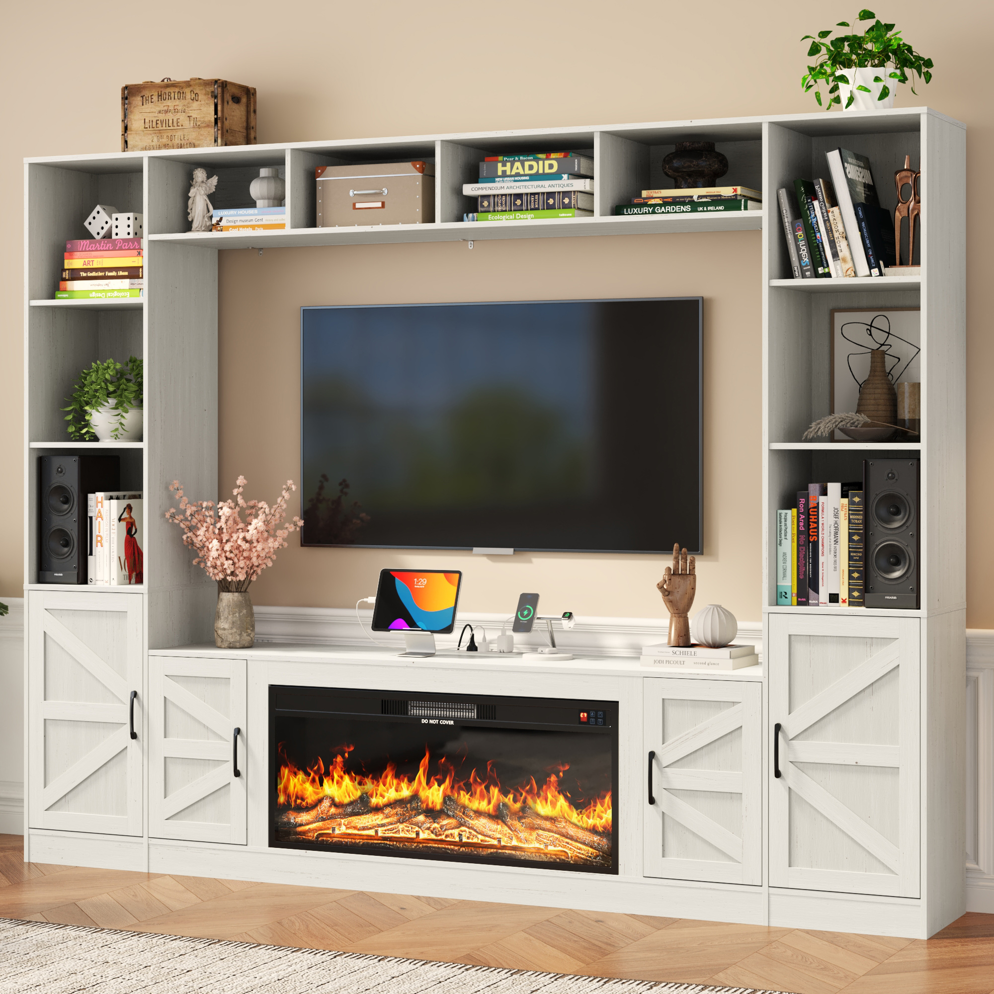 ChVans 103" Farmhouse TV Stand with 40" Electric Fireplace & Bookshelves, Large Entertainment Center Wall Unit with Storage Cabinets, Rustic Wood Media Console for Living Room