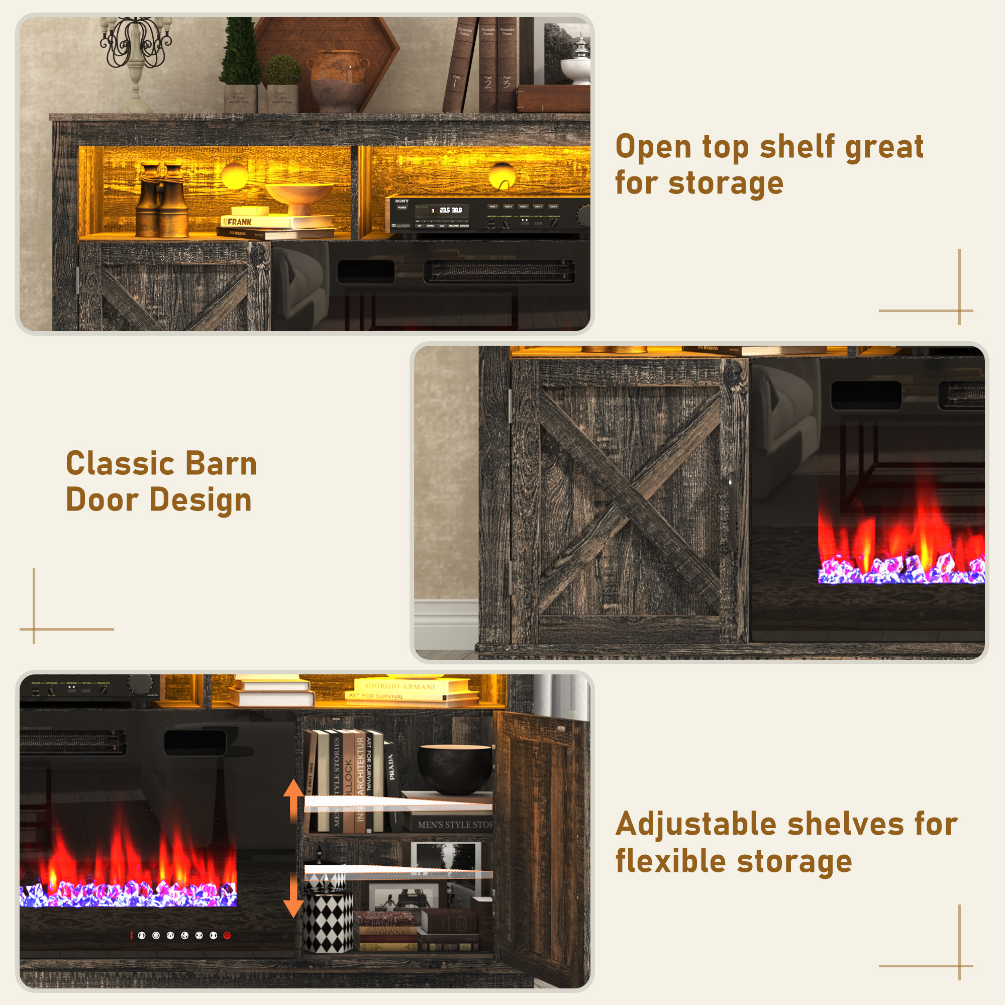 ChVans 70" Fireplace TV Stand for TVs up to 80" with 36" Electric Fireplace, Farmhouse Entertainment Center with LED, Wooden Media Console for Living Room, Bedroom(Grey)