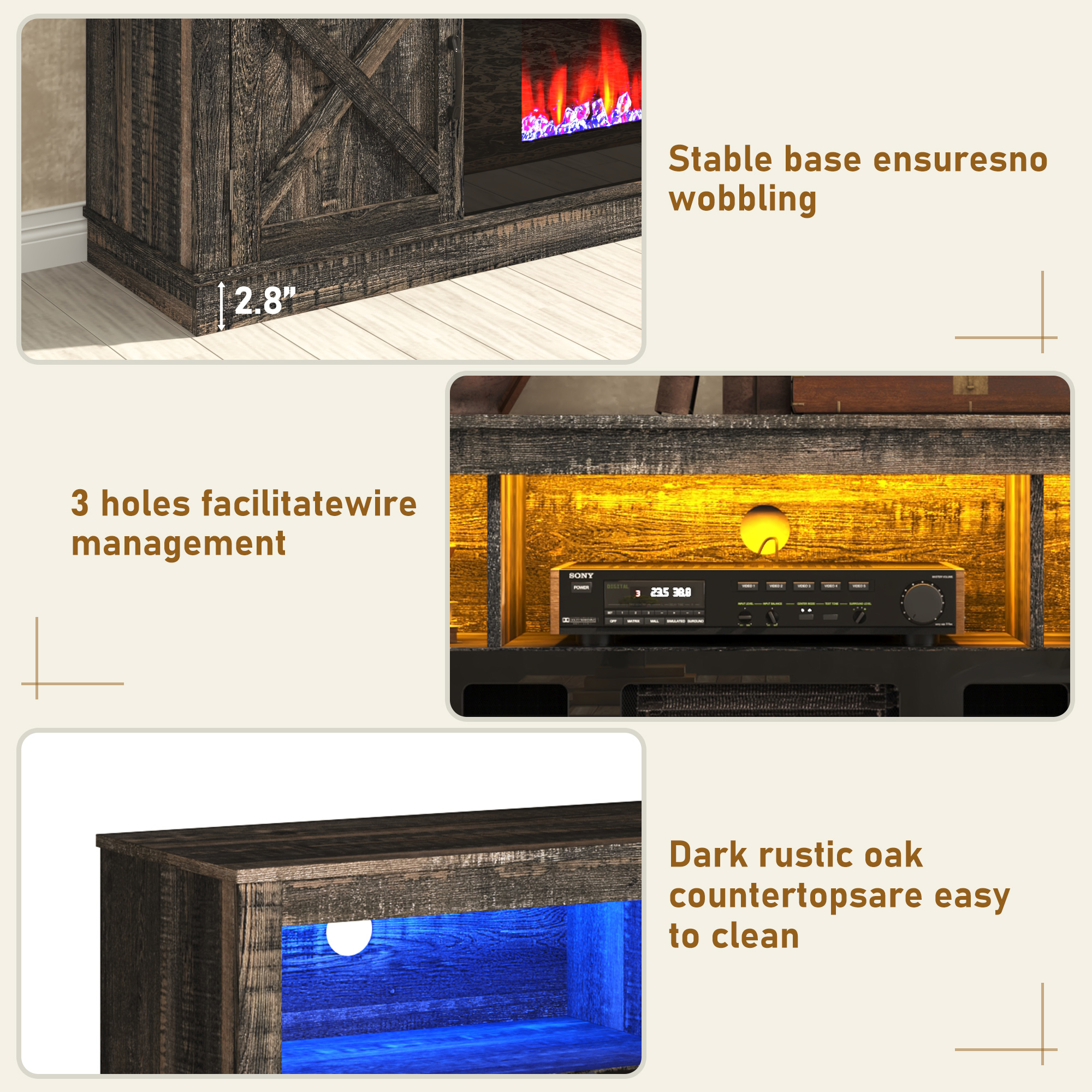 ChVans 70" Fireplace TV Stand for TVs up to 80" with 36" Electric Fireplace, Farmhouse Entertainment Center with LED, Wooden Media Console for Living Room, Bedroom(Grey)