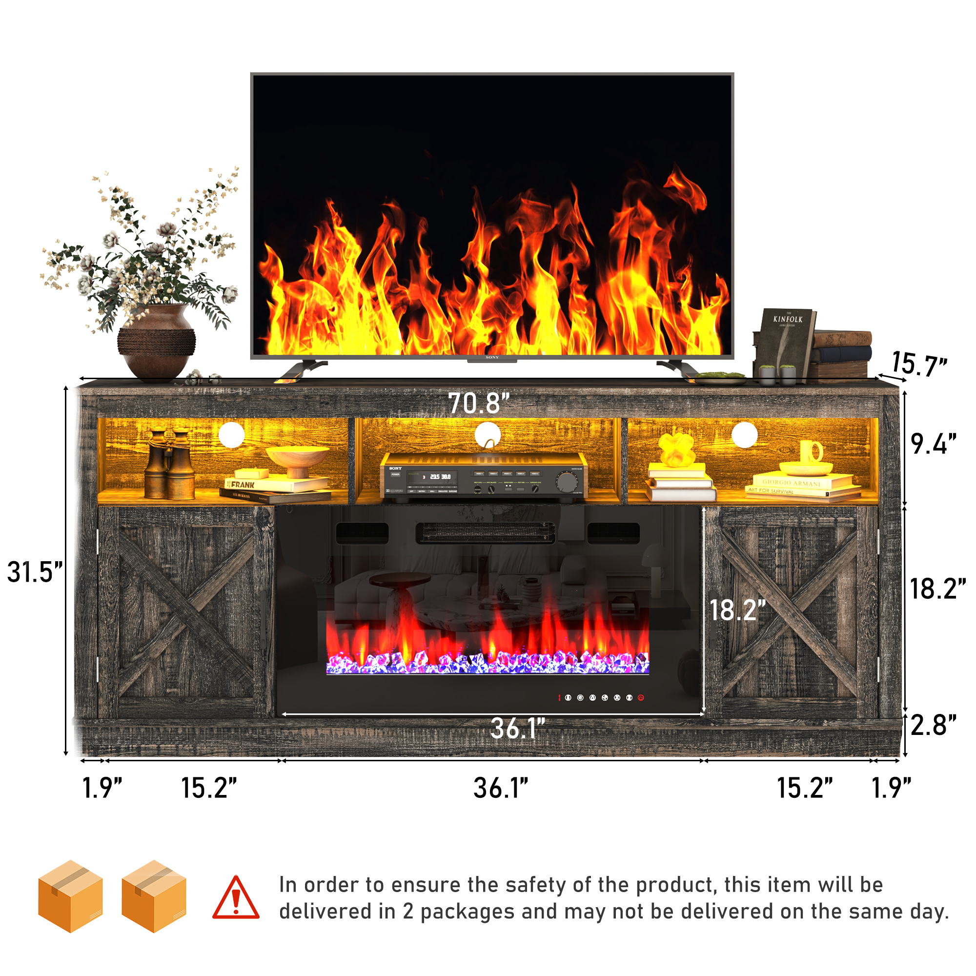 ChVans 70" Fireplace TV Stand for TVs up to 80" with 36" Electric Fireplace, Farmhouse Entertainment Center with LED, Wooden Media Console for Living Room, Bedroom(Grey)