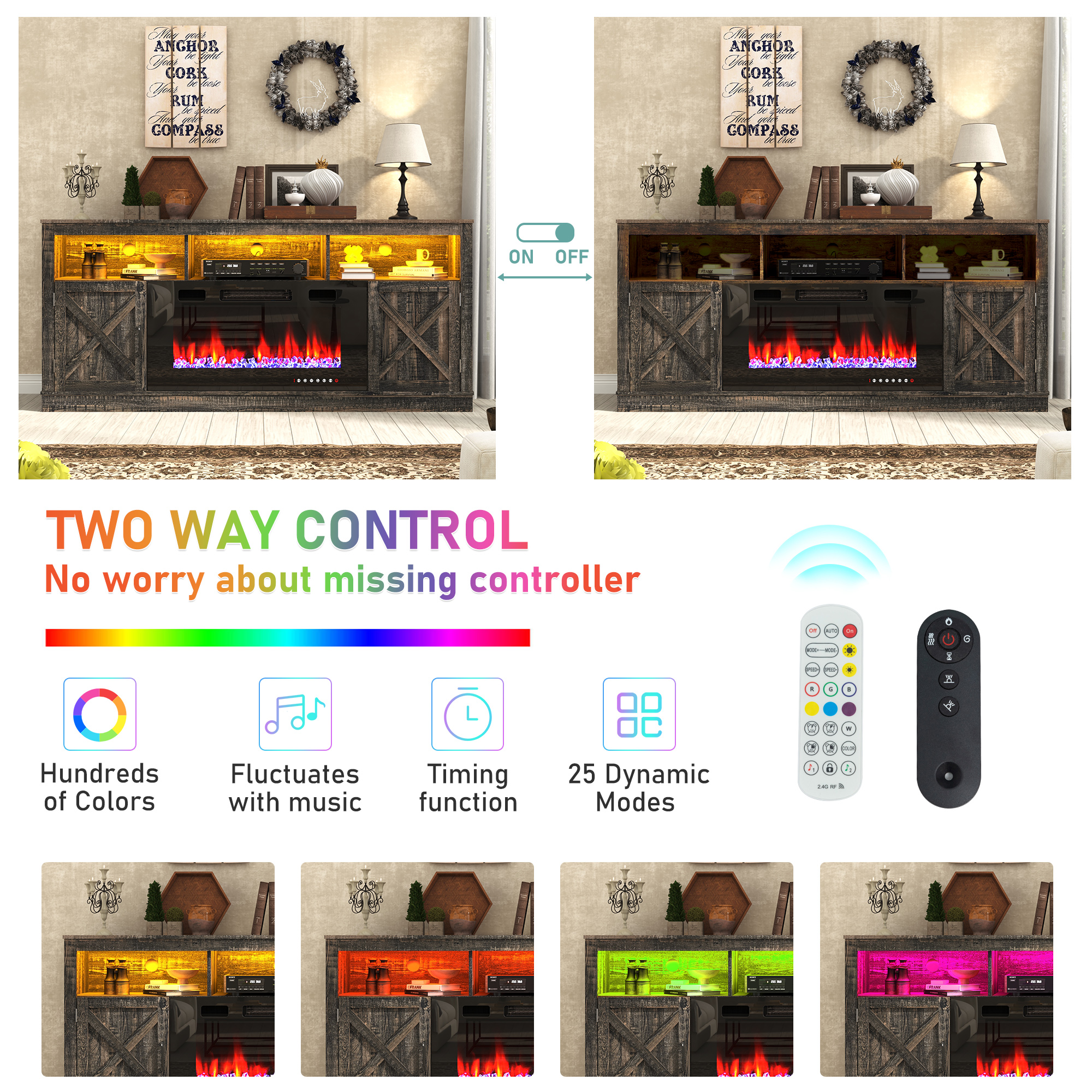 ChVans 70" Fireplace TV Stand for TVs up to 80" with 36" Electric Fireplace, Farmhouse Entertainment Center with LED, Wooden Media Console for Living Room, Bedroom(Grey)