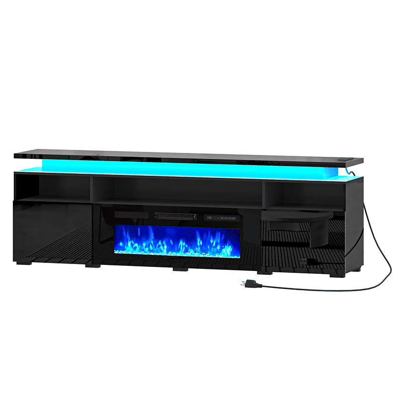 70" Fireplace TV Stand with 40" Electric Fireplace,LED Lights Entertainment Center for TVs Up to 80",Modern Media TV Console with Storage Cabinets and Charging Station,Black