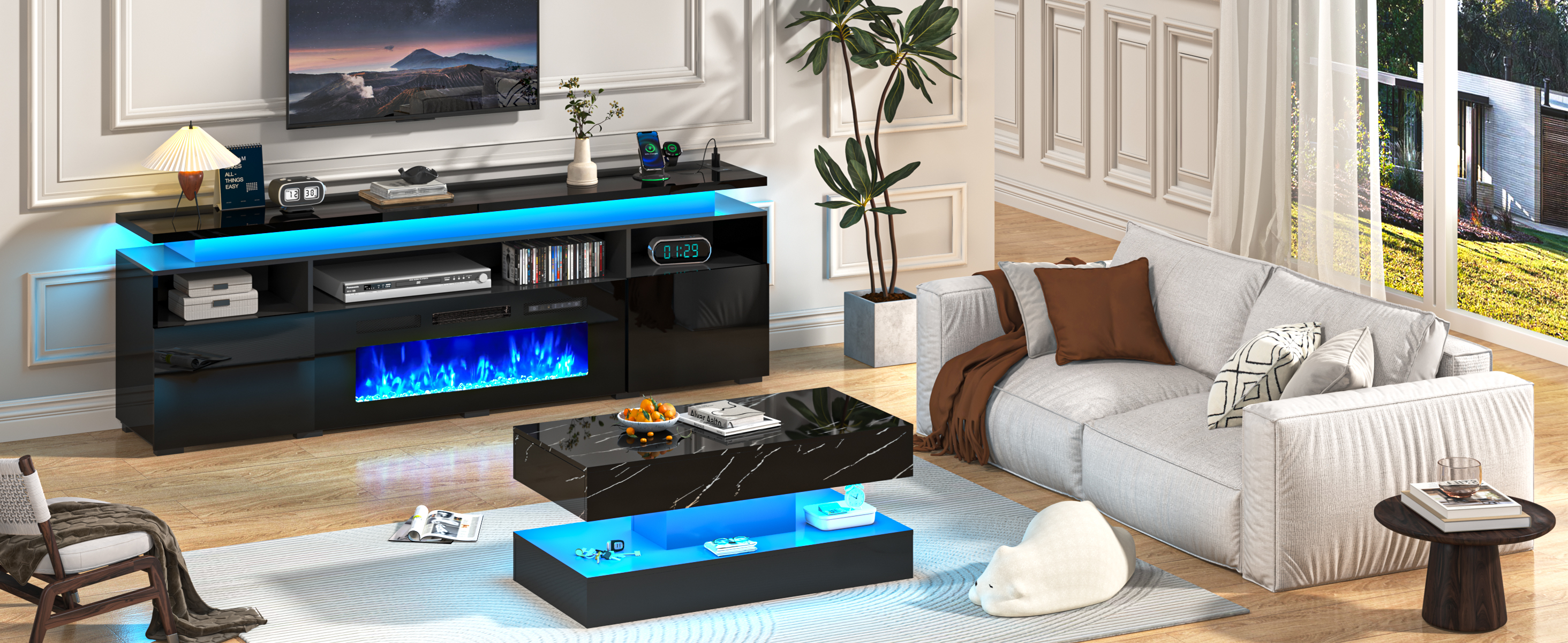 70" Fireplace TV Stand with 40" Electric Fireplace,LED Lights Entertainment Center for TVs Up to 80",Modern Media TV Console with Storage Cabinets and Charging Station,Black