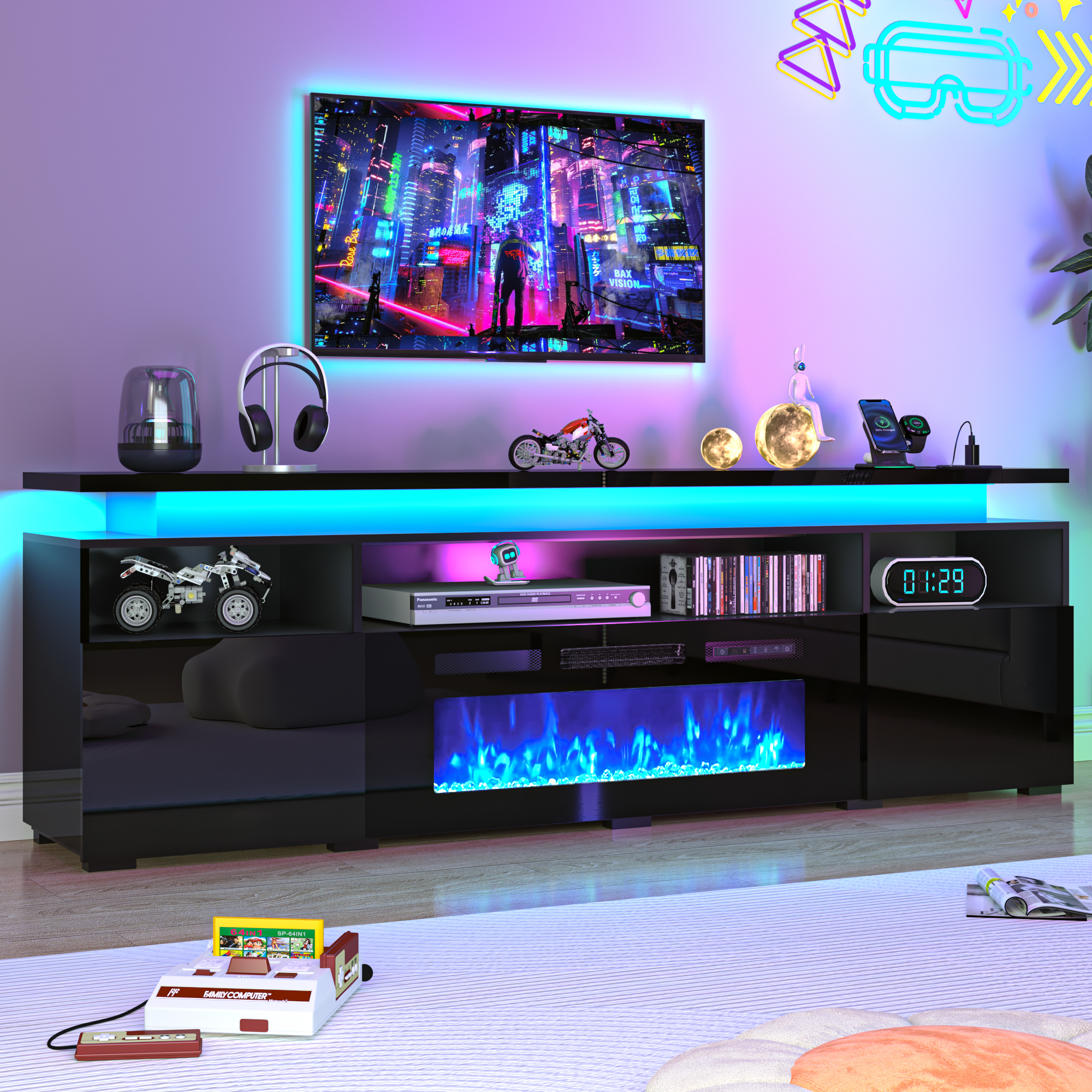 70" Fireplace TV Stand with 40" Electric Fireplace,LED Lights Entertainment Center for TVs Up to 80",Modern Media TV Console with Storage Cabinets and Charging Station,Black