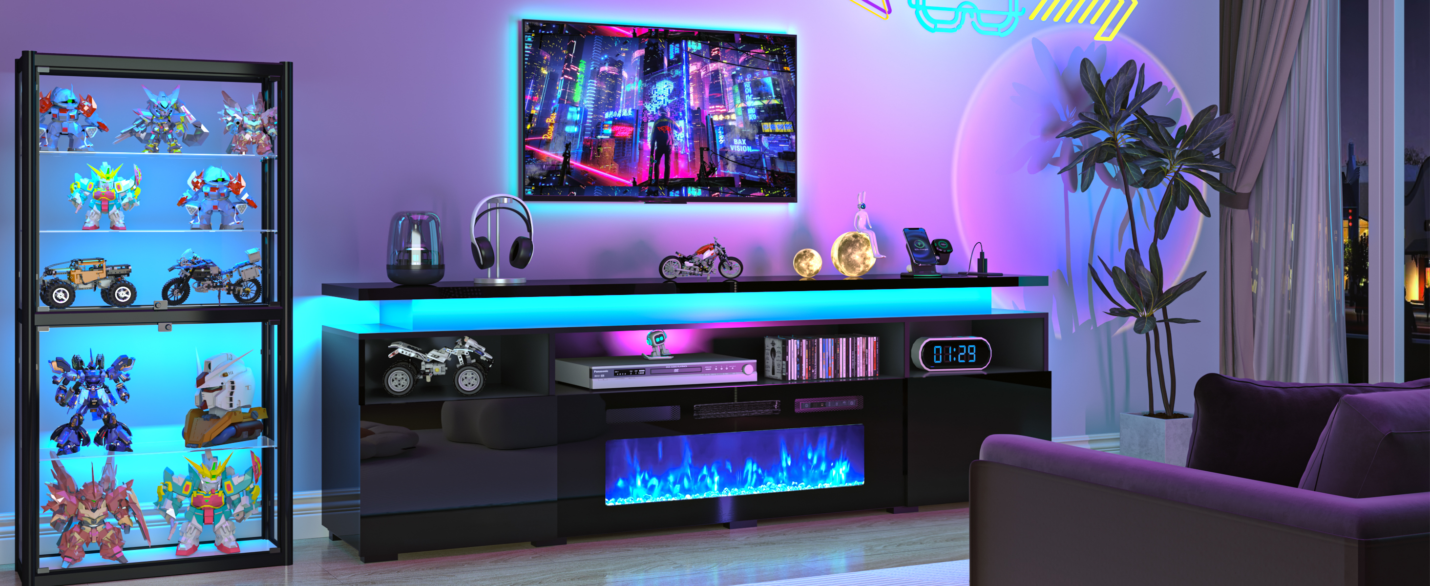 70" Fireplace TV Stand with 40" Electric Fireplace,LED Lights Entertainment Center for TVs Up to 80",Modern Media TV Console with Storage Cabinets and Charging Station,Black