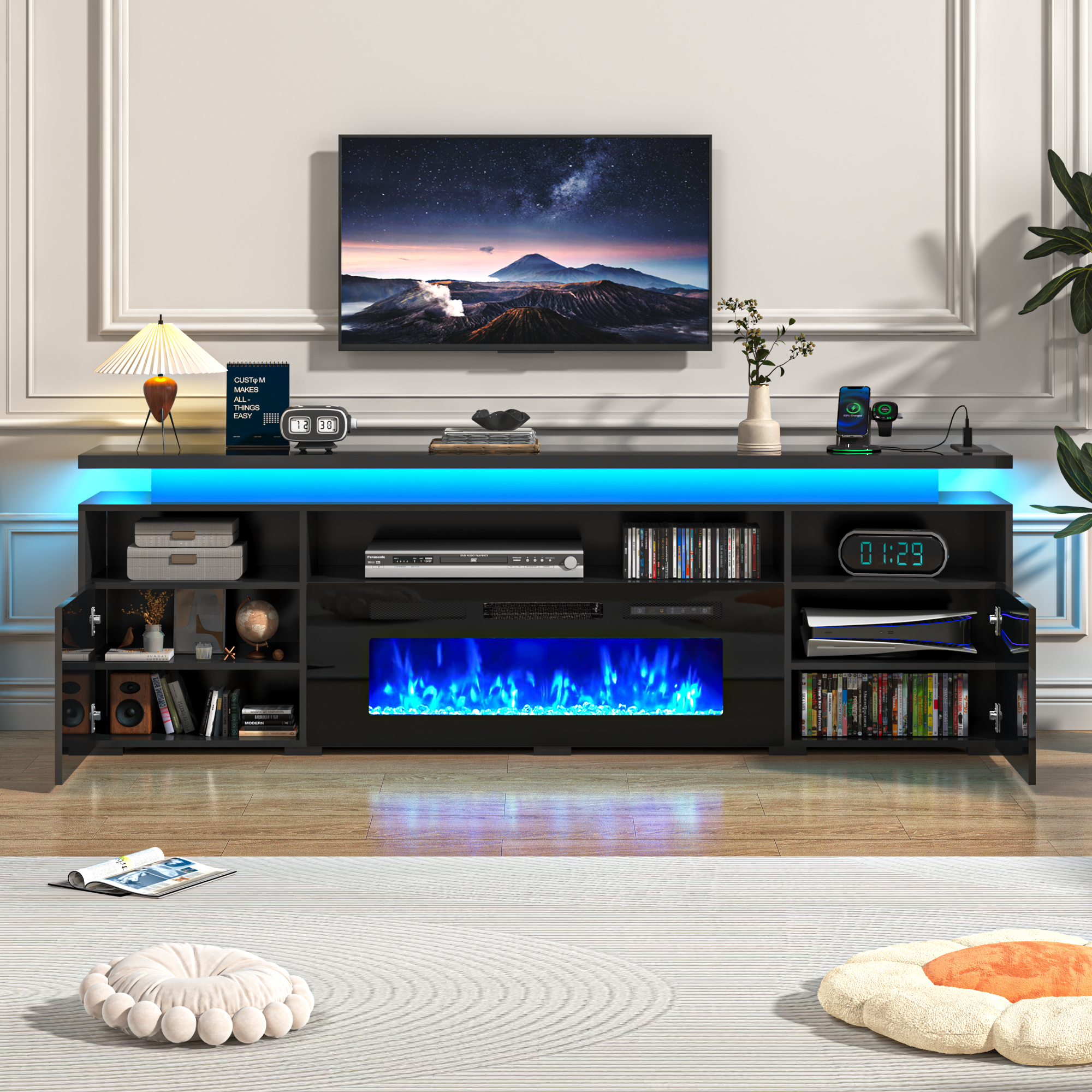 70" Fireplace TV Stand with 40" Electric Fireplace,LED Lights Entertainment Center for TVs Up to 80",Modern Media TV Console with Storage Cabinets and Charging Station,Black